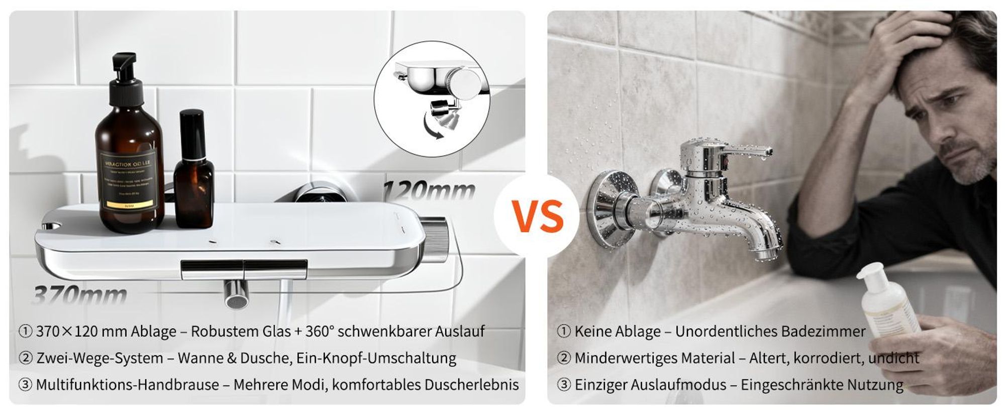 Homelody Brausebatterie-Set, Brausebatterie mit Handbrause & Ablage, Badewannenarmatur Brausehalter und Brauseschlauch inkl. Chrom