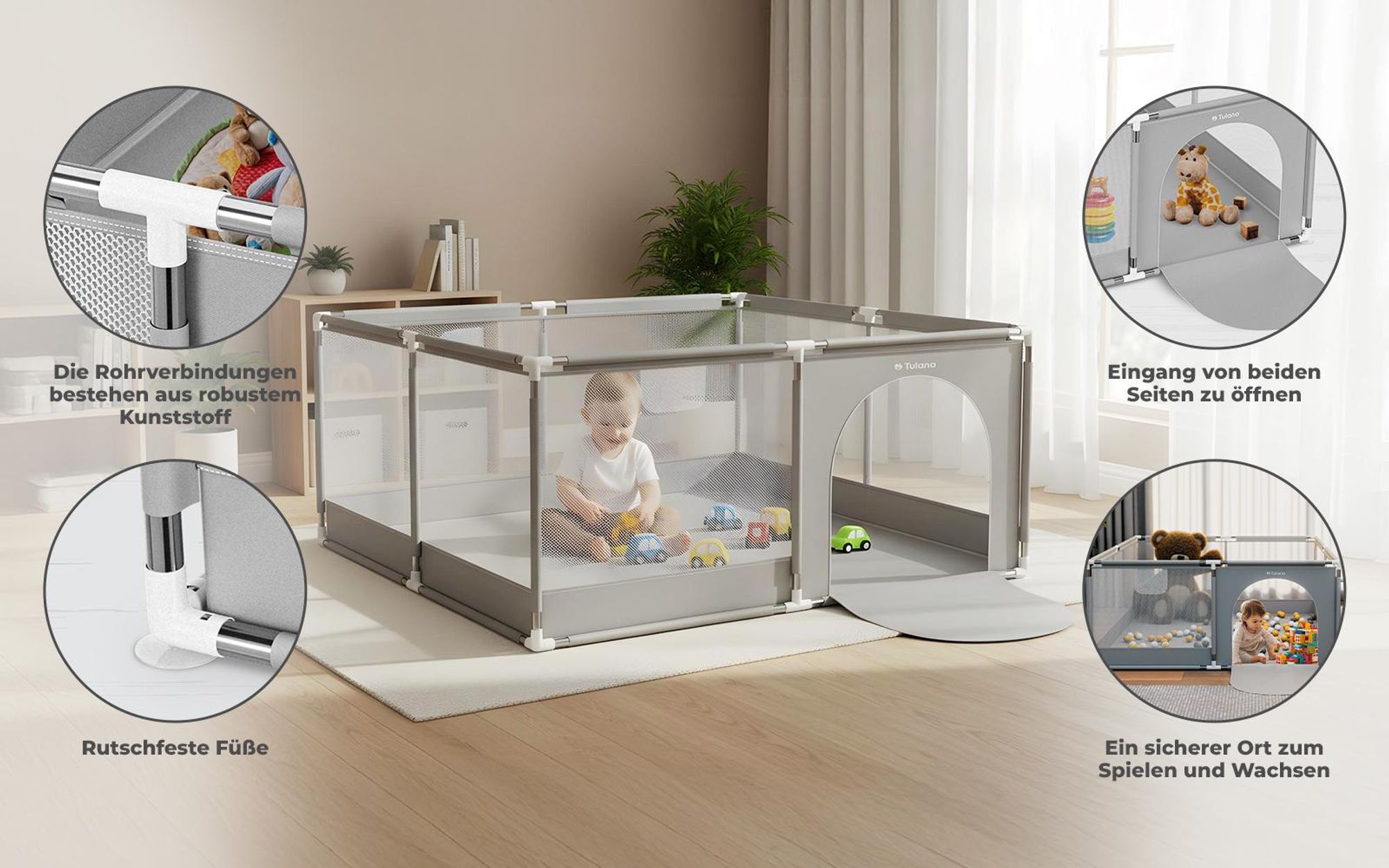 TULANO Cozy 25 | Laufgitter für Baby Kleinkinder Krabbelgitter Laufstall | Indoor Outdoor | Reißverschluss | Atmungsaktivem Netz | 150x180cm | Grau