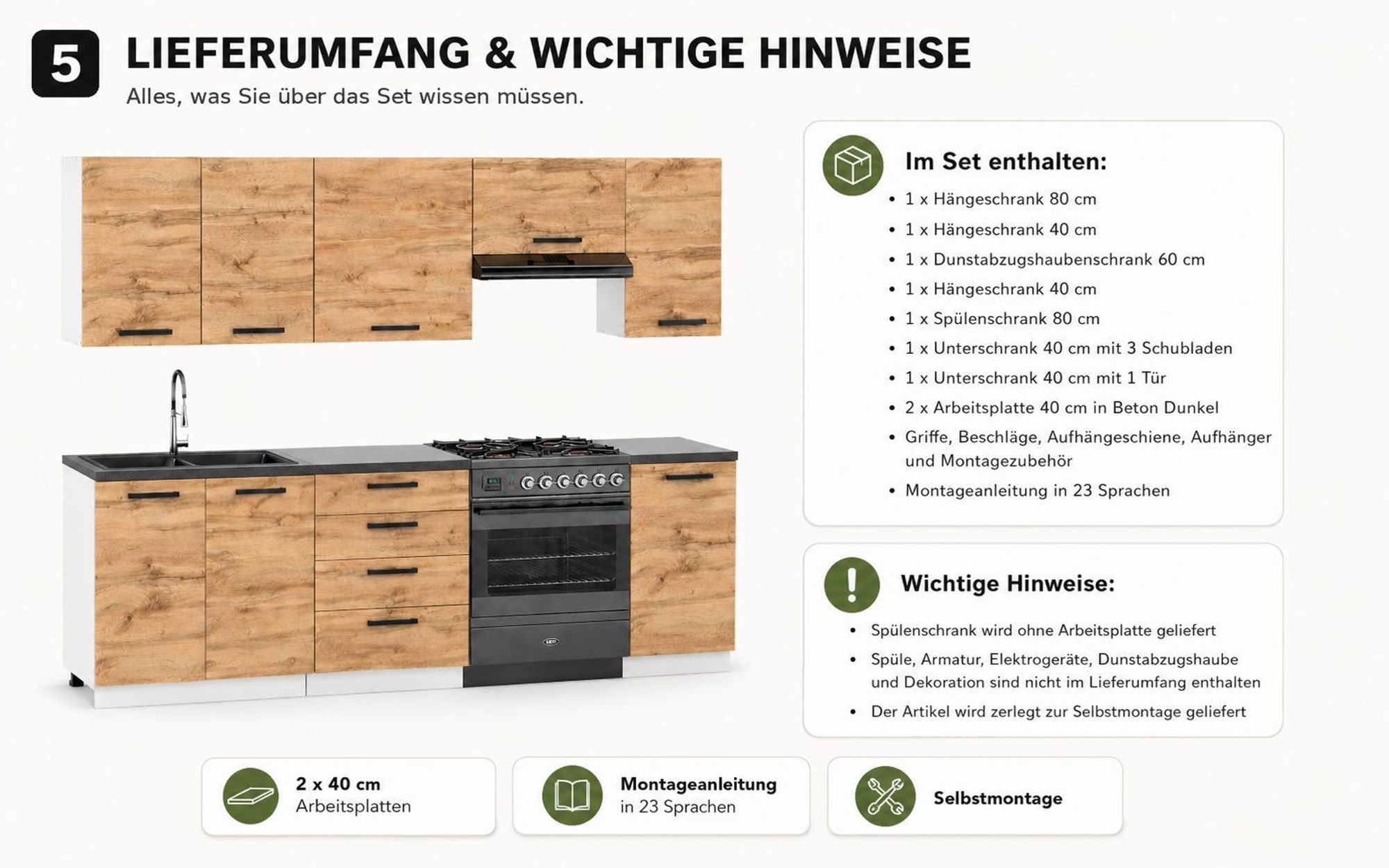 Lieferumfang der 220 cm Küchenzeile in Eiche Wotan mit wichtigen Hinweisen.