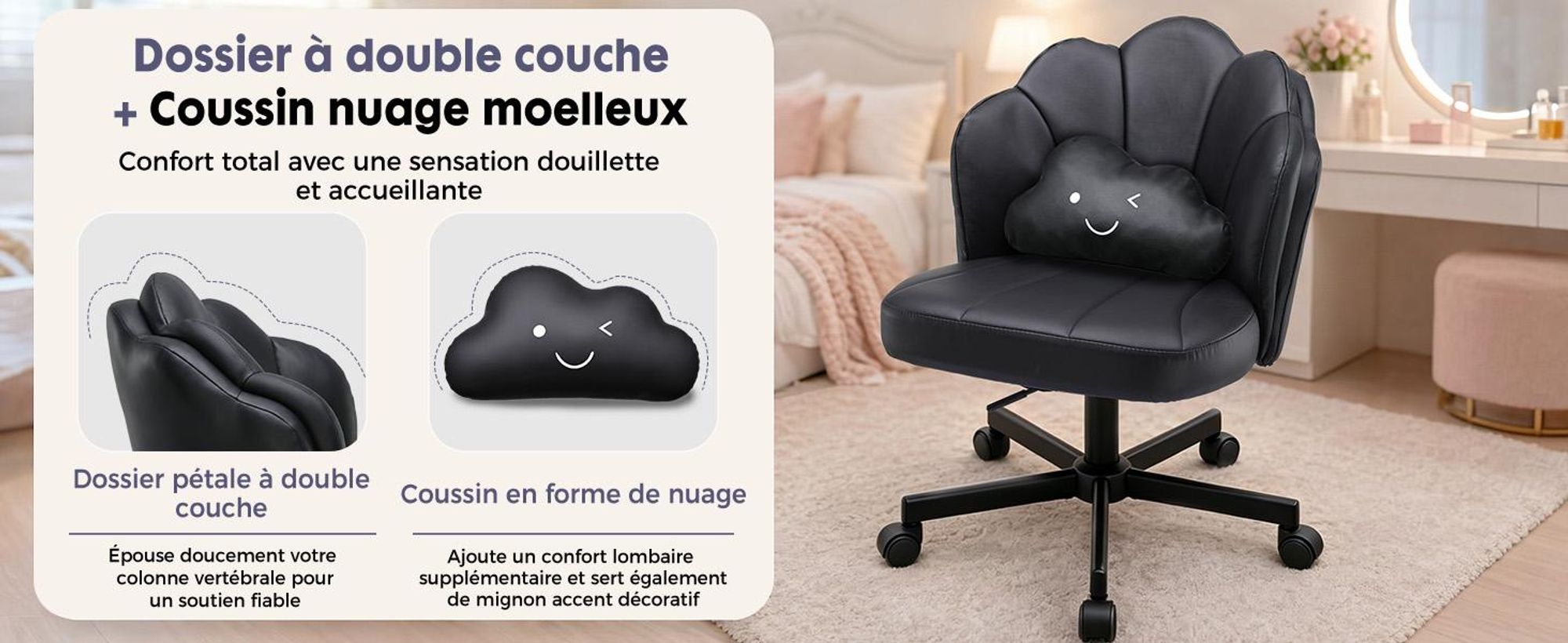 Chaise de bureau COMHOMA, chaise de maquillage à roulettes, double dossier et coussin en forme de nuage, chaise pivotante réglable en hauteur, chaise de bureau en similicuir, noire