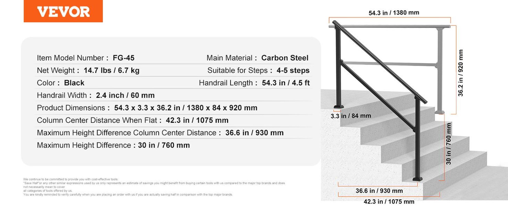 VEVOR Handläufe für Außentreppen, 4–5-stufiges Treppenhandlauf-Set, Übergangsgeländer Kohlenstoffstahl mit Montagesatz, Treppengeländer für Senioren, Betonstufen & Veranda & Deck