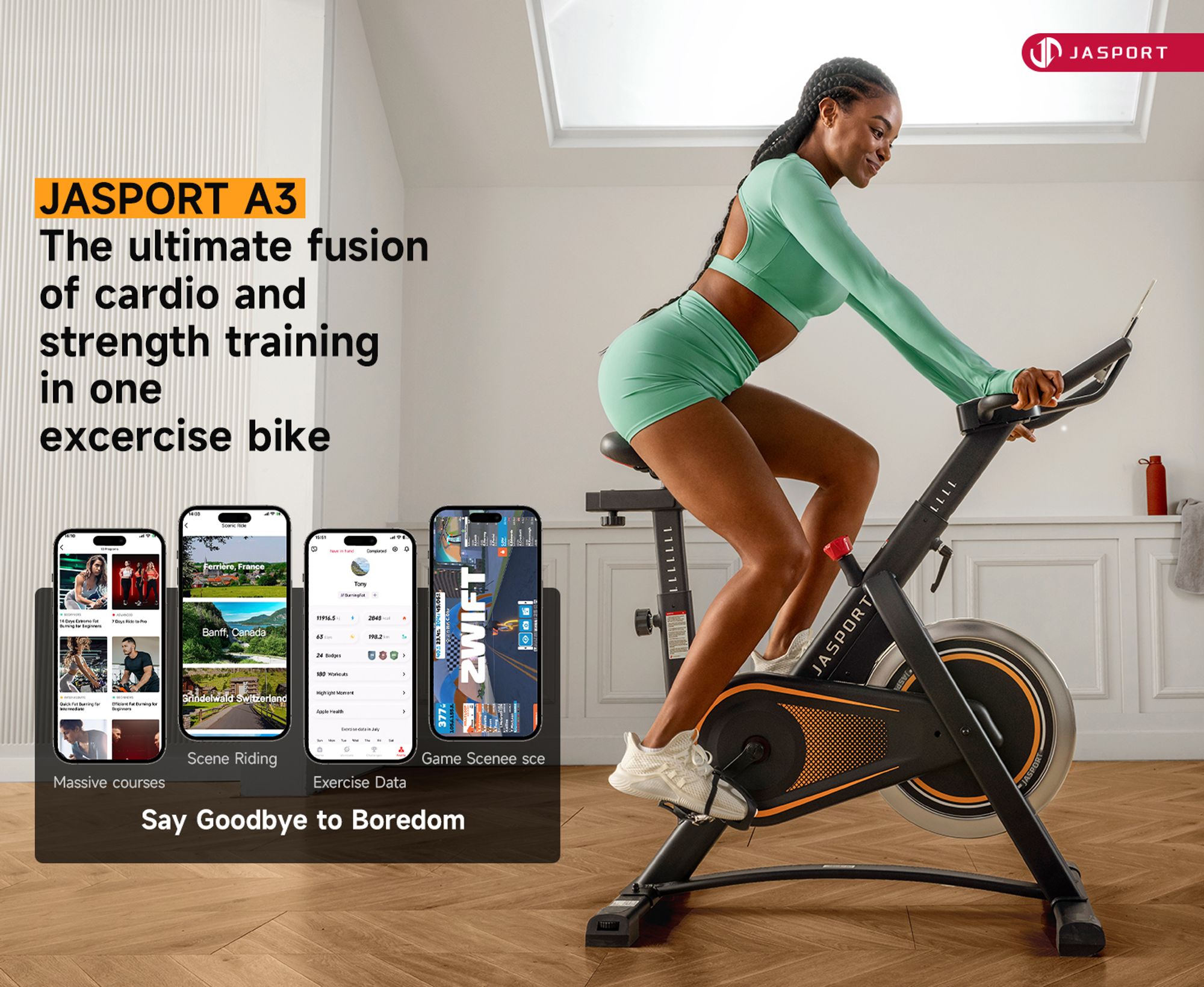 JASPORT A3 ergometer - tichý vnútorný bicykel na vytrvalostný tréning s držiakom na tablet a pohodlným sedadlom, ideálny na tréning v domácnosti