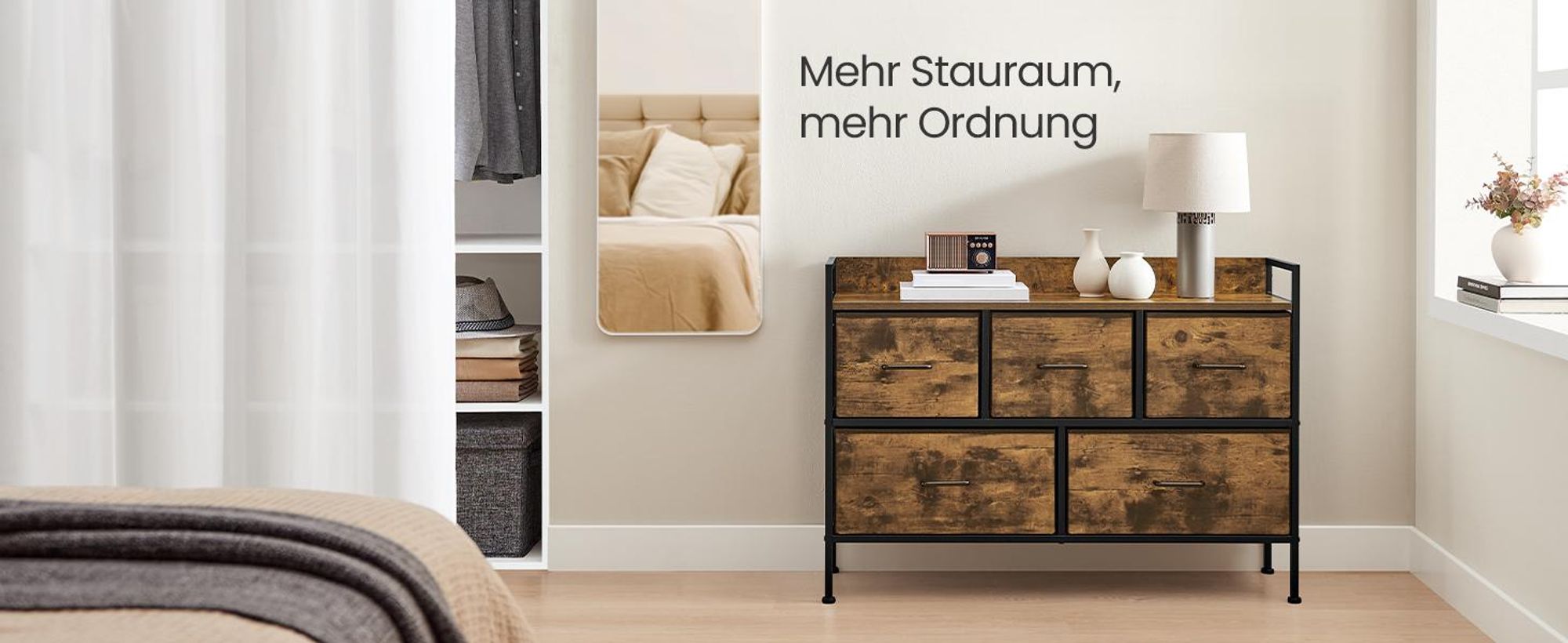 SONGMICS Kommode, Schrank Schlafzimmer, 5 Schubladen mit Griffen, Sideboard