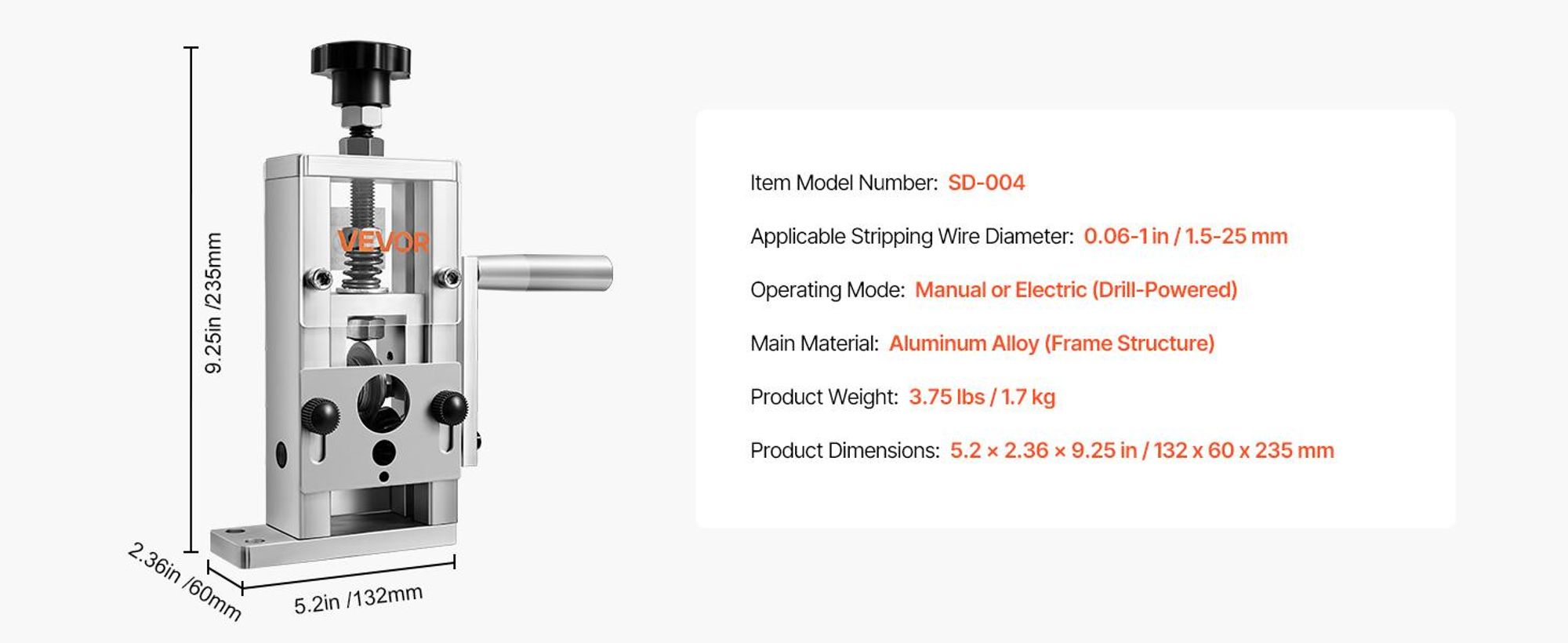 VEVOR Manuelle Drahtabisoliermaschine 1,5-25 mm (0,06-1 Zoll) Hand- oder Bohrmaschinenbetrieb, 1,5-25 mm Mini