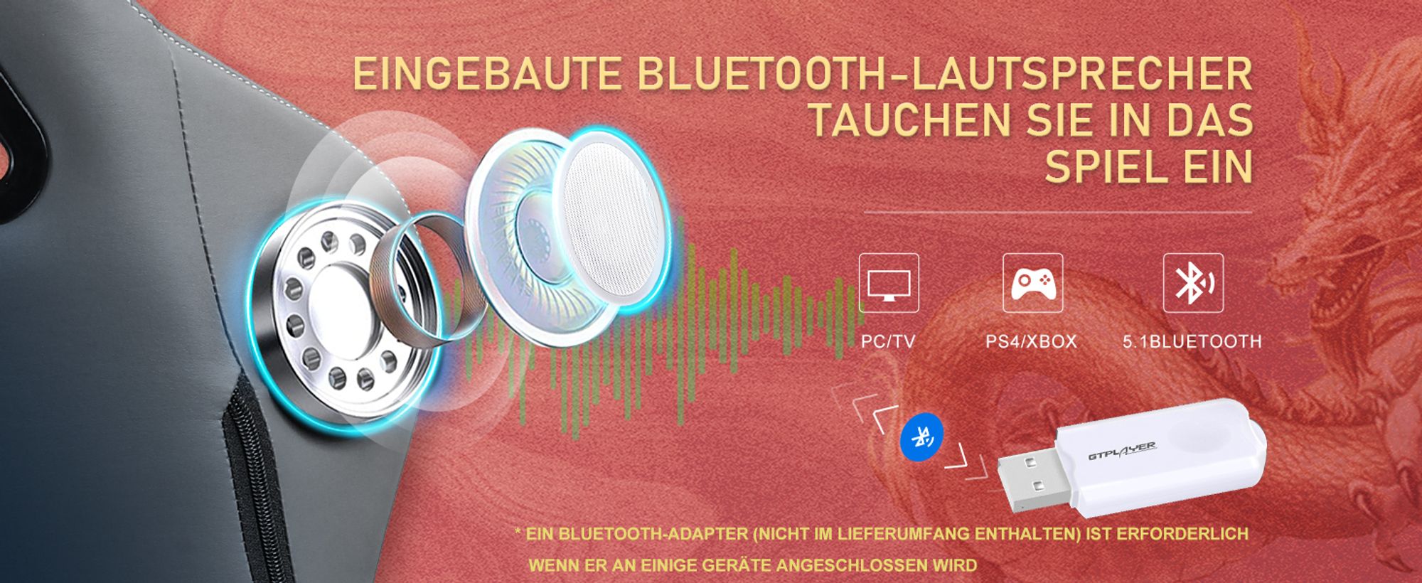 GTPLAYER Gaming Stuhl Gamer Stuhl mit Bluetooth-Lautsprechern und Fußstütze, Dragon Series Bürostuhl, Ergonomischer Drehsessel, Computerstuhl Grau