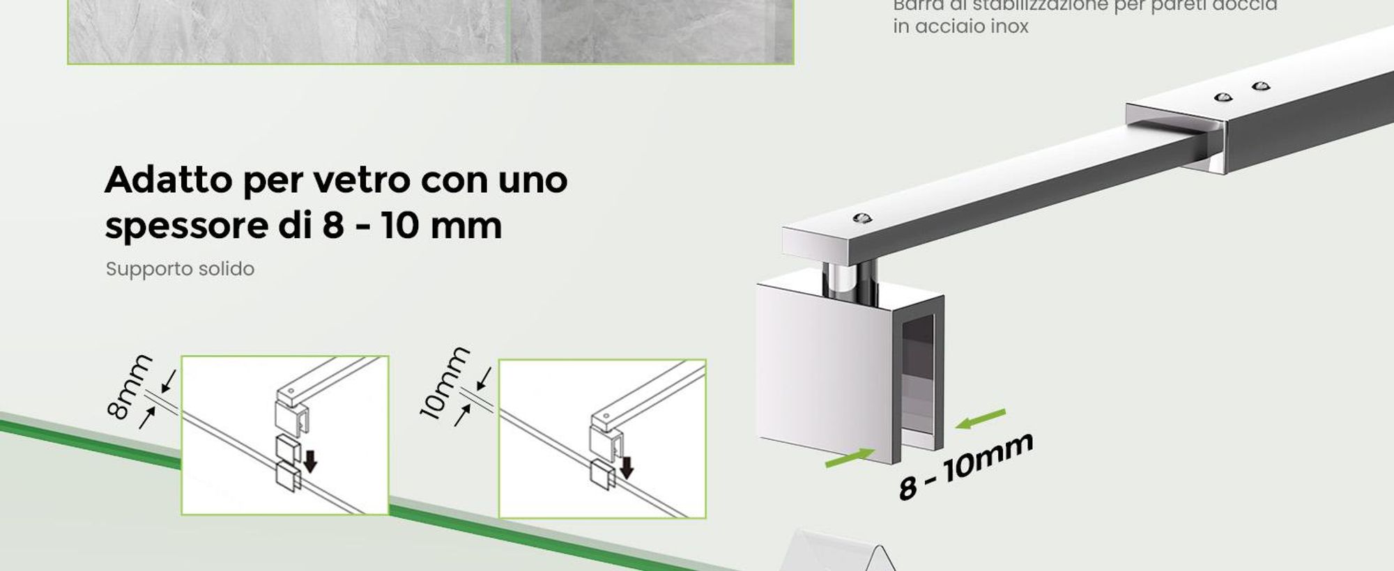 S'AFIELINA barra di fissaggio per schermo doccia 700-1200 mm, acciaio inox, stabilizzatore parete-vetro per vetro 8/10 mm, porta doccia o pannello laterale fisso, 1 pezzo