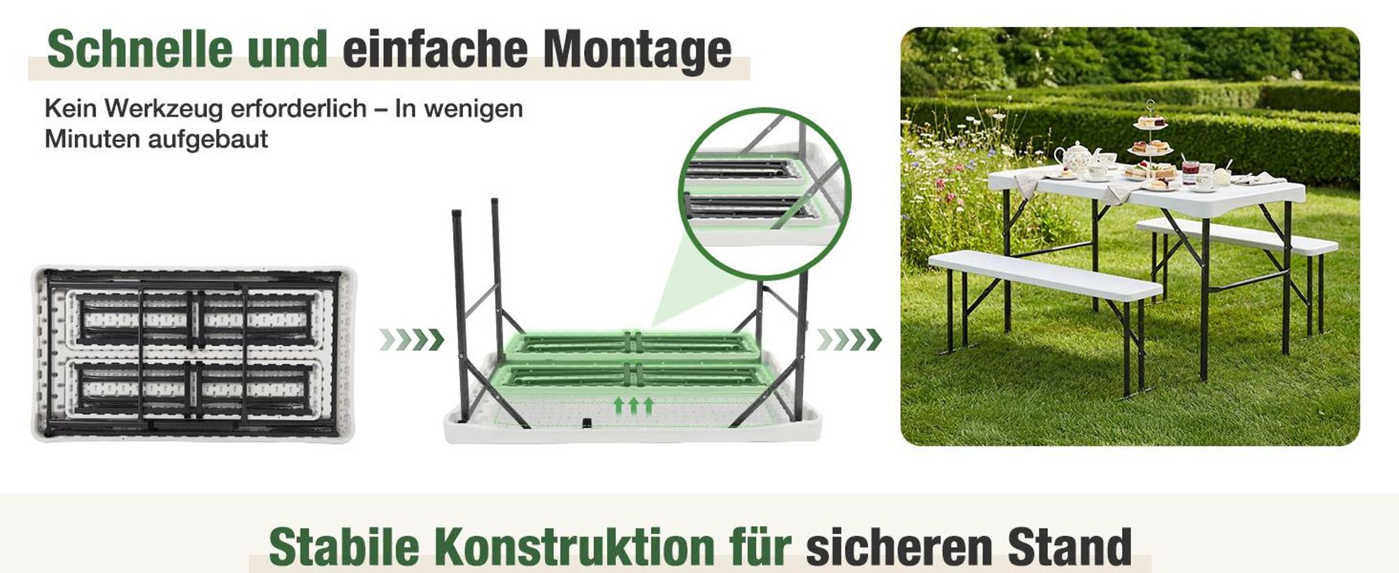 Sekey Bierzeltgarnitur Klappbar 3-teilig 110cm Tisch+2xBänke Festzeltgarnitur, Weiß