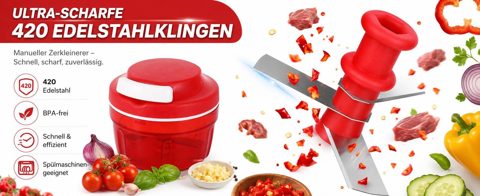 Gemüseschneider Zwiebelhacker, 300ML Manueller Lebensmittelzerkleinerer, Haushalt Kordelzug Design Zerkleinerer Fleischmixer Küche Kochen Zubehör rot