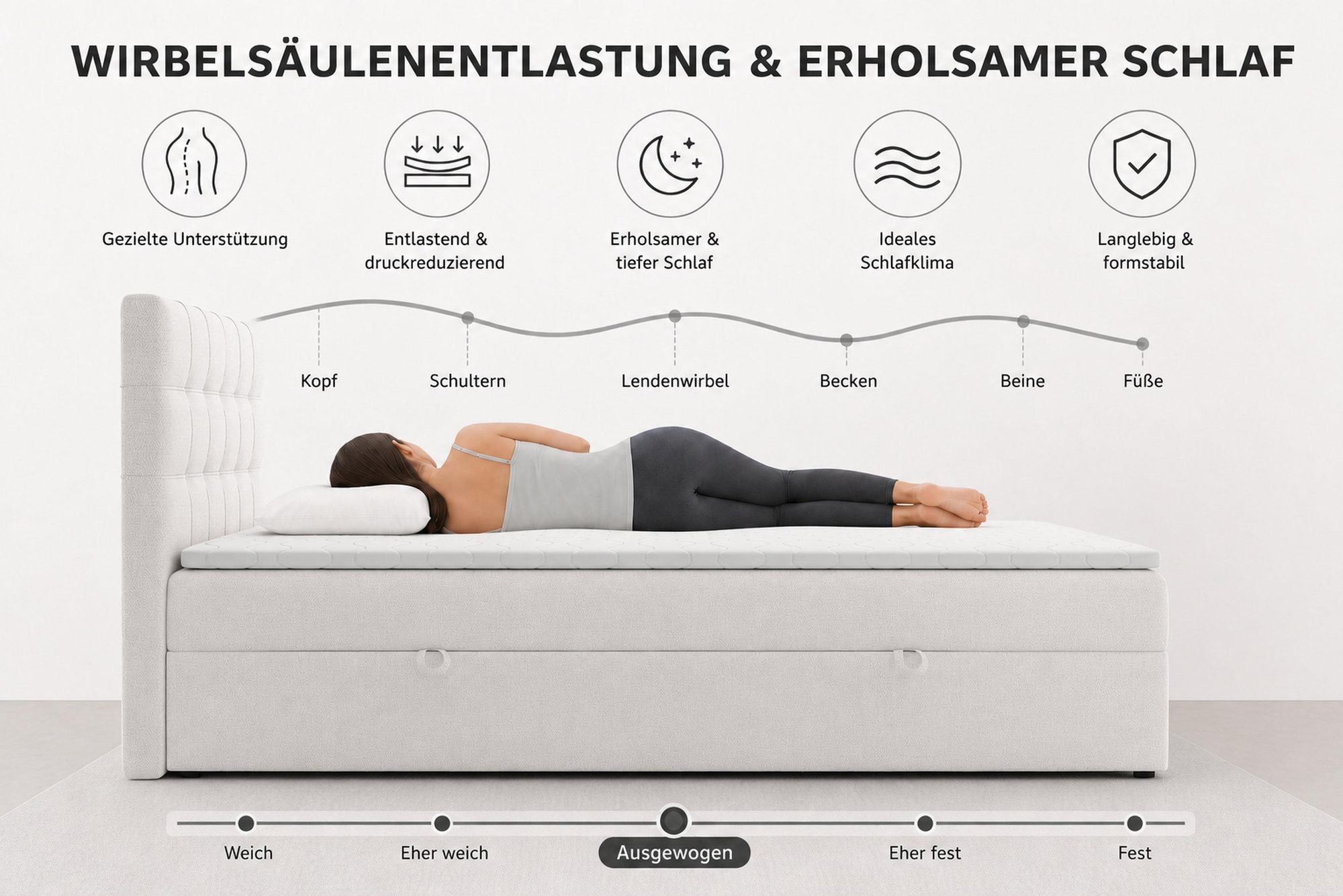 VENASI Boxspringbett 160x200 mit Bettkasten, Jessa Doppelbett Grau Velourstoff