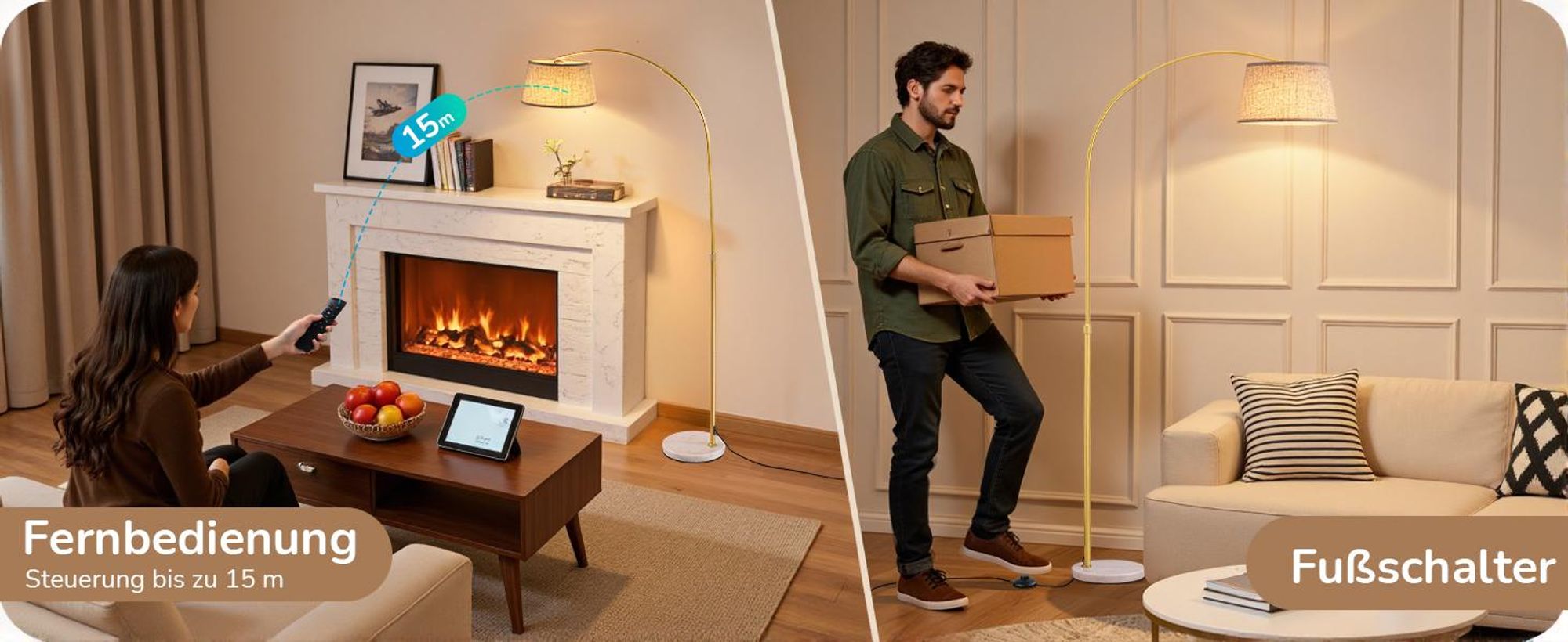 EDISHINE Stehlampe Wohnzimmer mit Fernbedienung, 143-176 cm verstellbar, Bogenlampe mit drehbarem Lampenkopf, stufenlos dimmbar