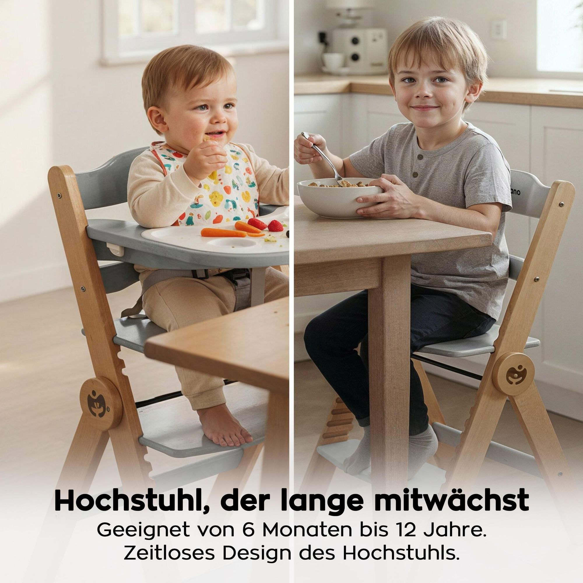 Hochstuhl 4in1 höhenverstellbarer Holzhochstuhl für kinder 9 Einstellungsstufen von 6 Monaten bis 12 Jahren bis zu 40 kg Ergonomische Rückenlehne