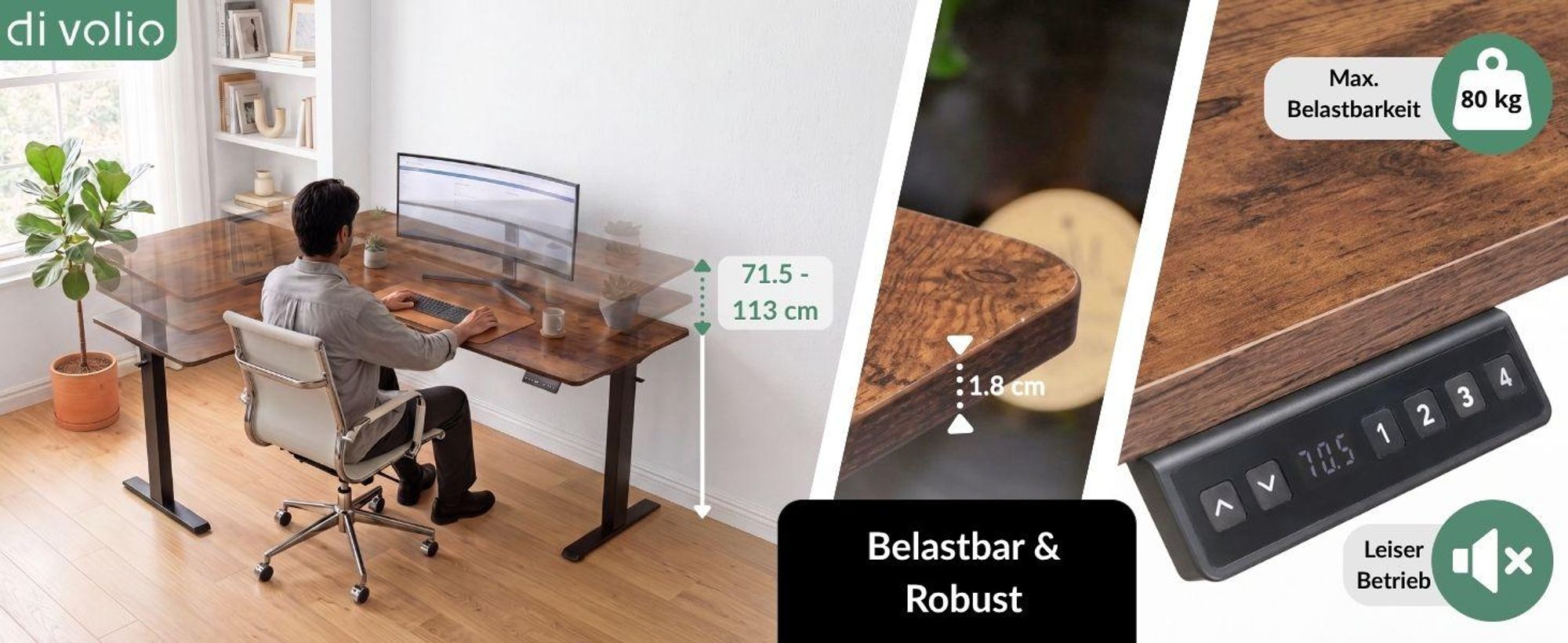 di volio Eckschreibtisch Trani rechts – elektrisch, höhenverstellbar, braun