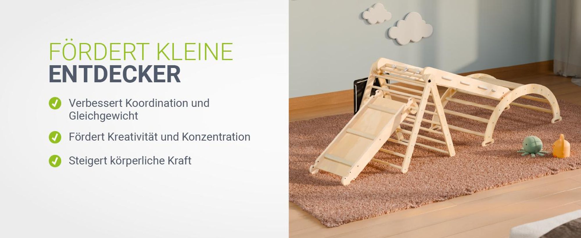 Juskys Kletterdreieck Movario - Indoor Klettergerüst für Kinder, Kletterdreieck und Kletterbogen, mit Rutsche - Groß