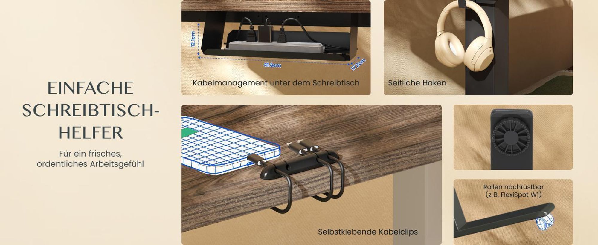 FLEXISPOT Höhenverstellbarer Schreibtisch 180x80cm, Bambus-Tischplatte, 2 starke Motoren, 120kg Tragkraft 4 Speicherplätze Premium-Zubehör-Set Schwarz