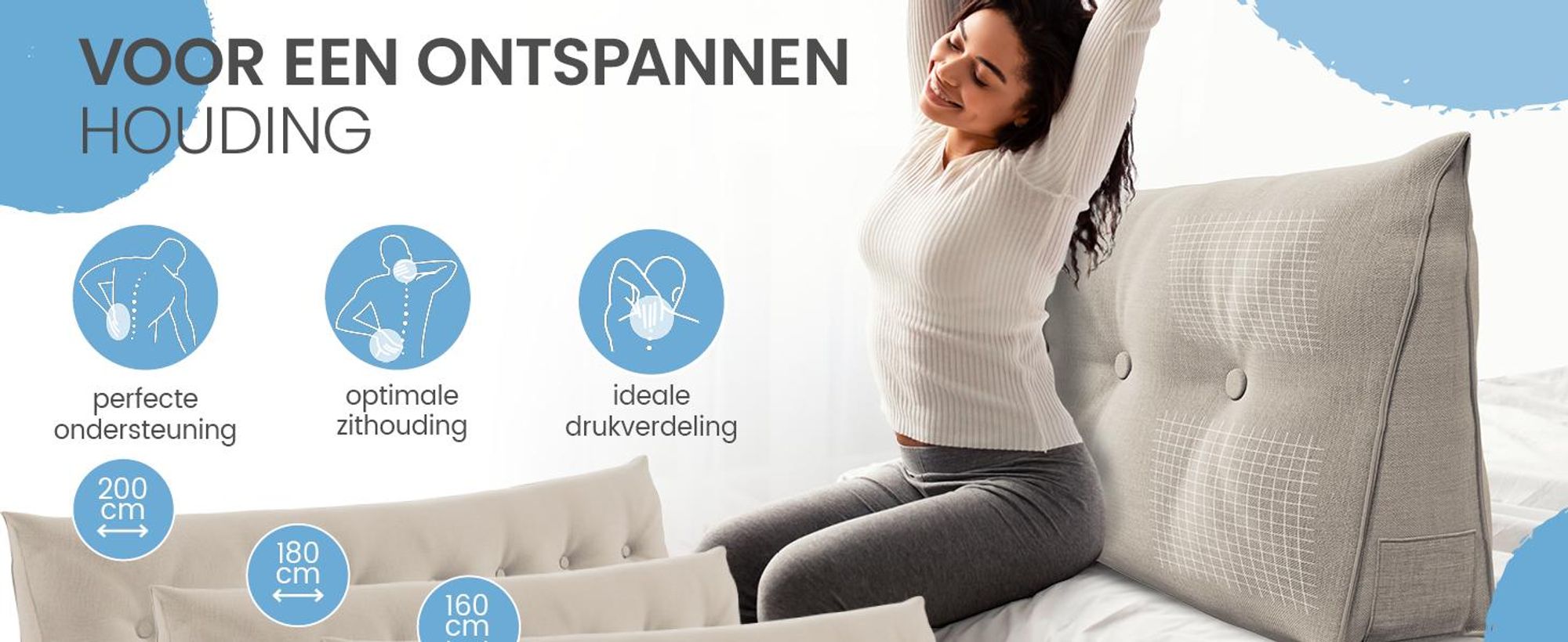 ELONEO rugkussen, 100 cm breed, geschikt als keilkussen voor bed en bank, driehoekig leeskussen, kussen met afneembare en wasbare hoes