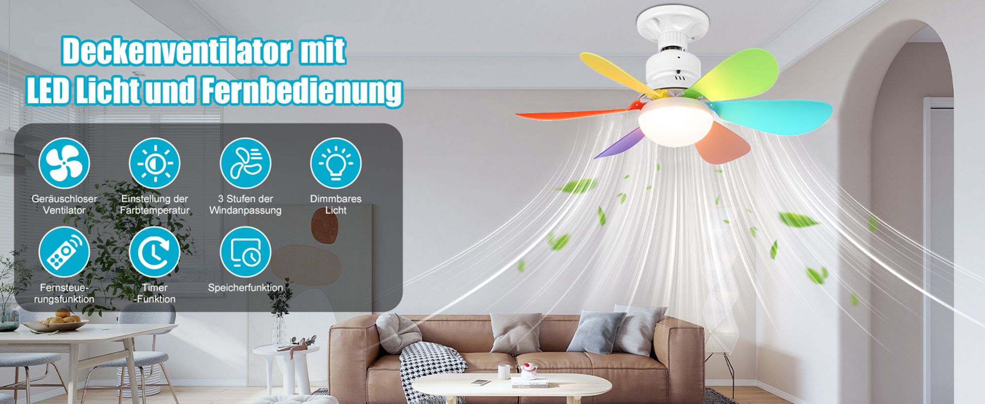 40W Deckenventilator mit Beleuchtung und Fernbedienung E27 3 Farbtemperatur Dimmbar 3 Windgeschwindigkeit Lüfterleuchte,  Bunt