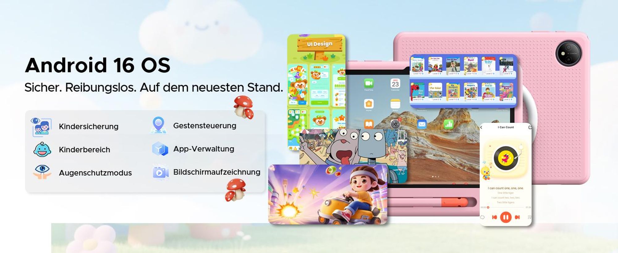 POCKAM P10 Kids 10.1" Tablet, Gemini AI, Android 16, 32(6+26)GB RAM+64GB ROM/TF 2TB, 7000mAh, WiFi Tablet für Kind mit Kindgerechte Hülle und Stift