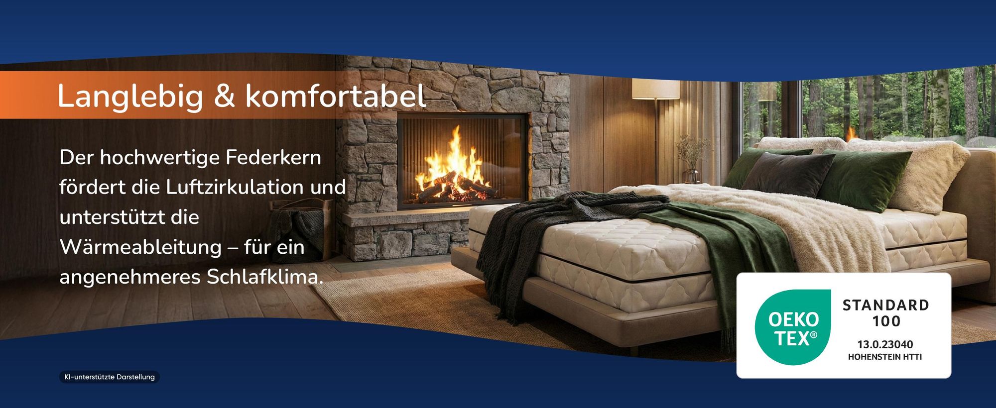 Bett in einem Schlafzimmer mit Kamin, daneben ein Siegel