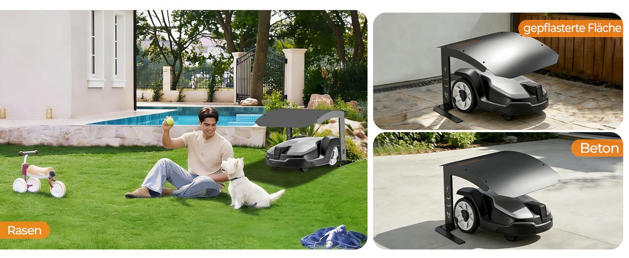 Rasenmäher Garage für Mähroboter Carport Schwarzer Stahlrahmen Metall Pulverbeschichtet 70×55×41 cm Schwarzer Dach