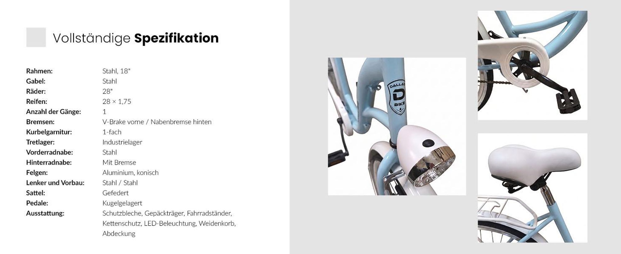 Dallas Bike Damenfahrrad 28 Zoll - Mit Weidenkorb - 1-Gang Rücktritt - Rahmen M 18" - Blau-Weiß