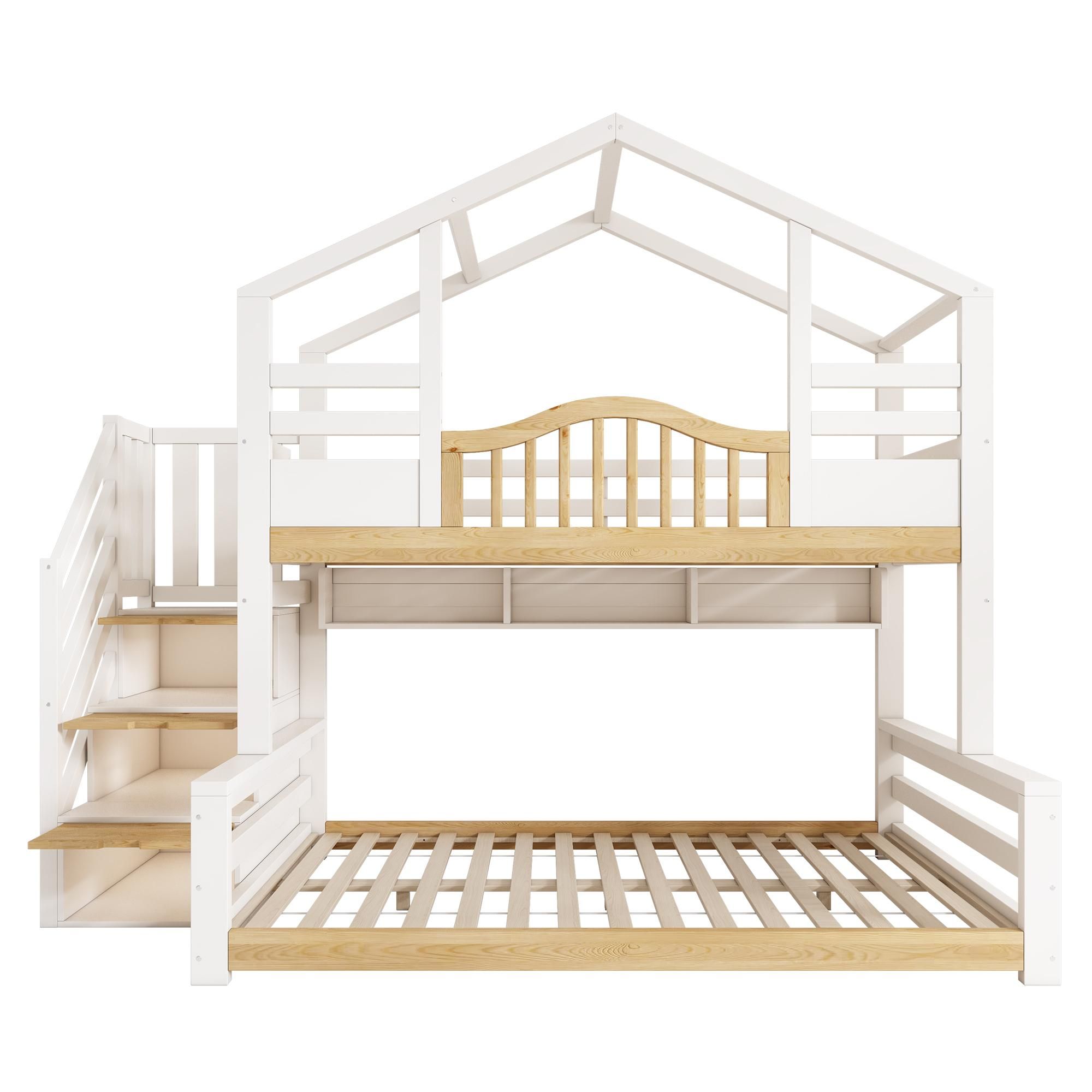 Flieks Etagenbett 90x200cm/140x200cm mit Regal, Kinderbett Hausbett mit Treppe, Hochbett für 2-3 Kinder, Stockbett Holzbett Weiß