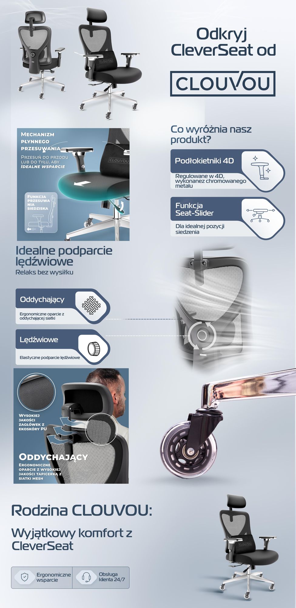 CLOUVOU CleverSeat ergonomiczne krzesło biurowe, krzesło do biurka, chromowany metalowy podłokietnik 4D, innowacyjne kółka, krzesło biurowe, krzesło k