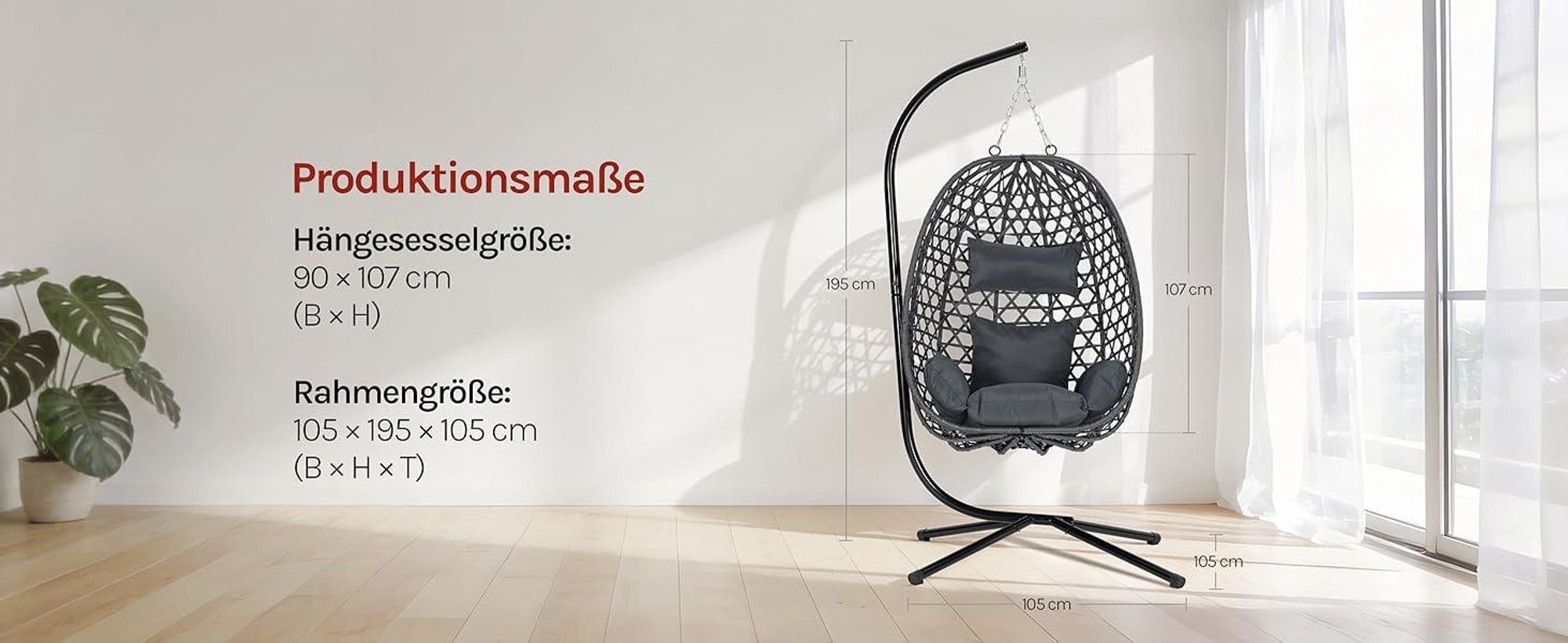 WOLTU Hängesessel mit Gestell bis 150 kg belastbar PE-Rattan, Grau