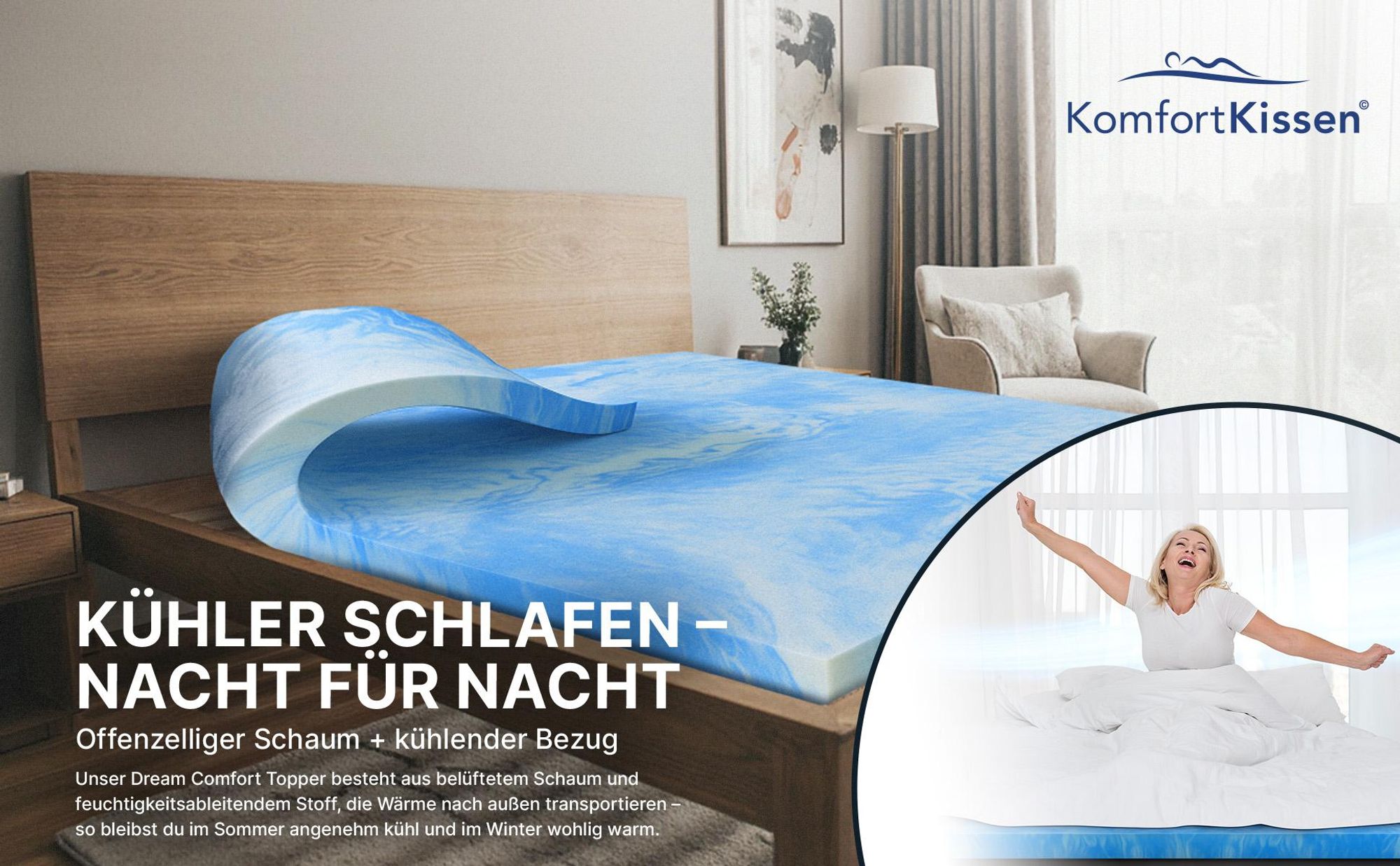 Dream Topper 140x200 cm, 5cm Matratzentopper Gel-Memory-Schaum, Ergonomischer mit kühlendes Gefühl, atmungsaktivem Bezug, Schlafkomfort wie auf Wolken