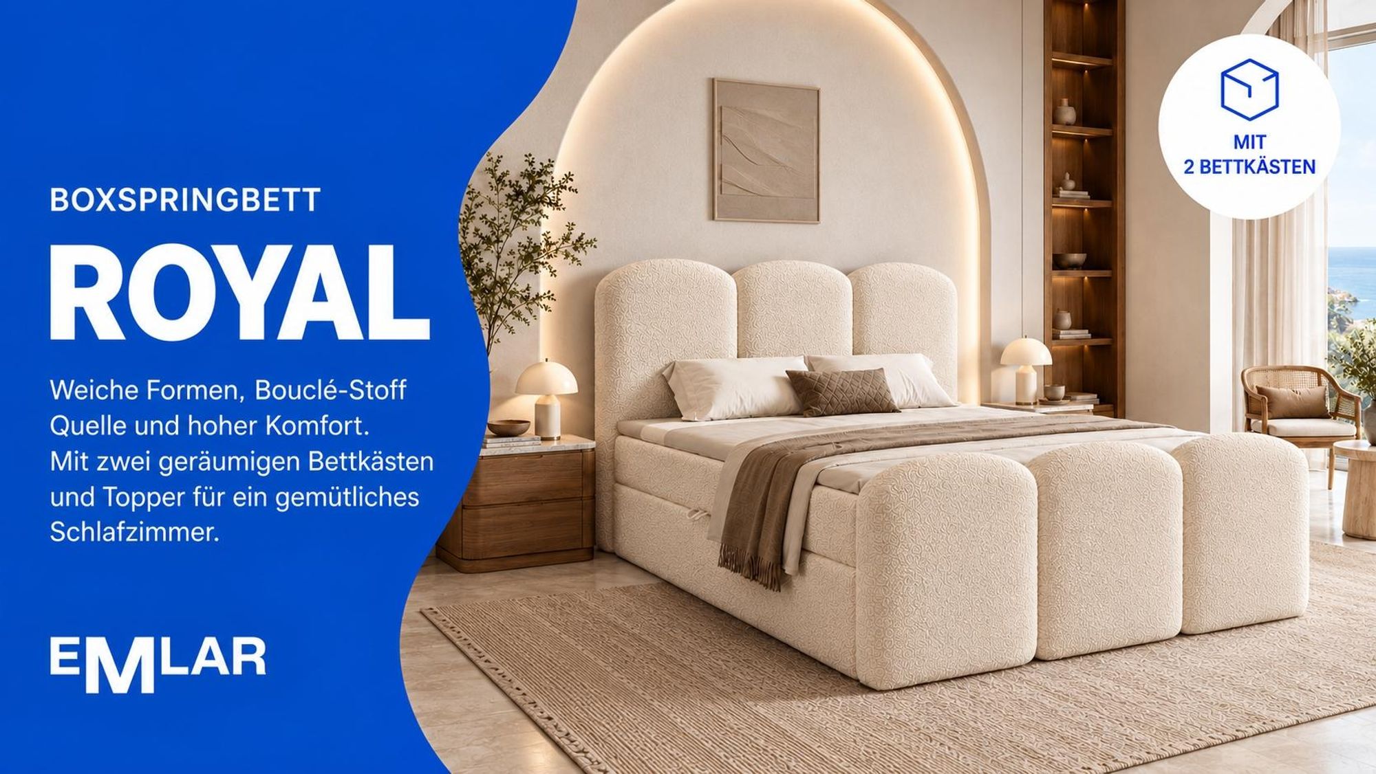 Boxspringbett ROYAL in Hellbeige mit Bouclé-Stoff Quelle, zwei Bettkästen und Topper