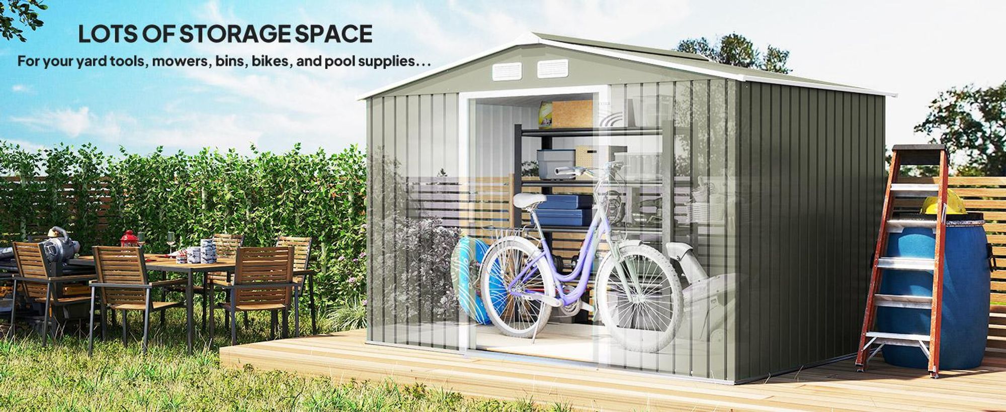 Domek ogrodowy Outsunny 4,9 m², z dachem dwuspadowym, drzwiami przesuwnymi, fundamentem, 277 x 195 x 192 cm, ocynkowany stalowy domek narzędziowy, odporny na warunki atmosferyczne, do ogrodu, jasnozielony