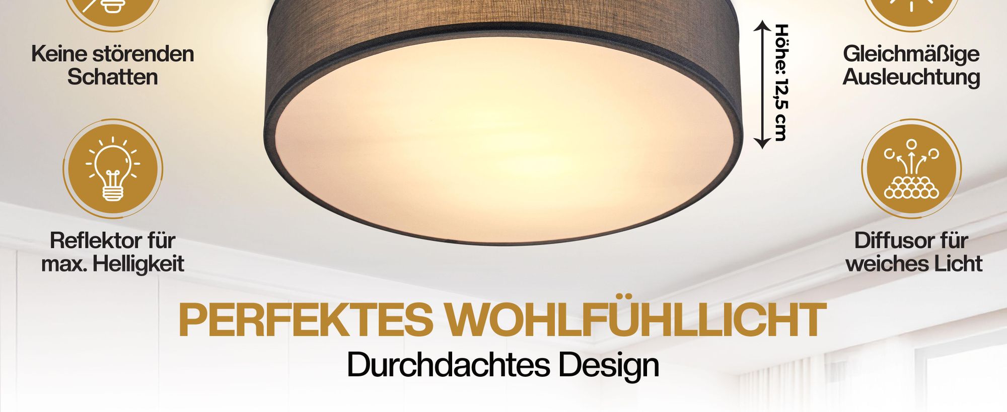 MONZANA® Deckenlampe Stoff Wohnzimmer Schlafzimmer E27 Grau 38cm Rund 2-Flammig 40W Lampe Flur Küche Deckenstrahler Deckenleuchte Stoffdeckenlampe