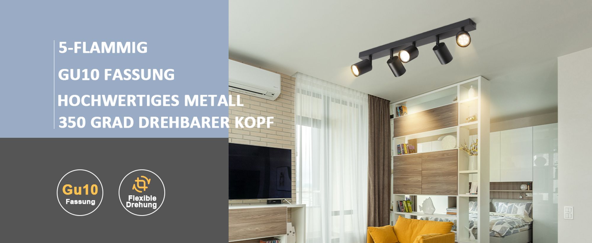 ZMH LED Deckenleuchte Schwarz 5 Flammig Deckenlampe Deckenstrahler Modern GU10 Metall Deckenspots Schwenkbar 350° für Wohnzimmer Schlafzimmer Flur