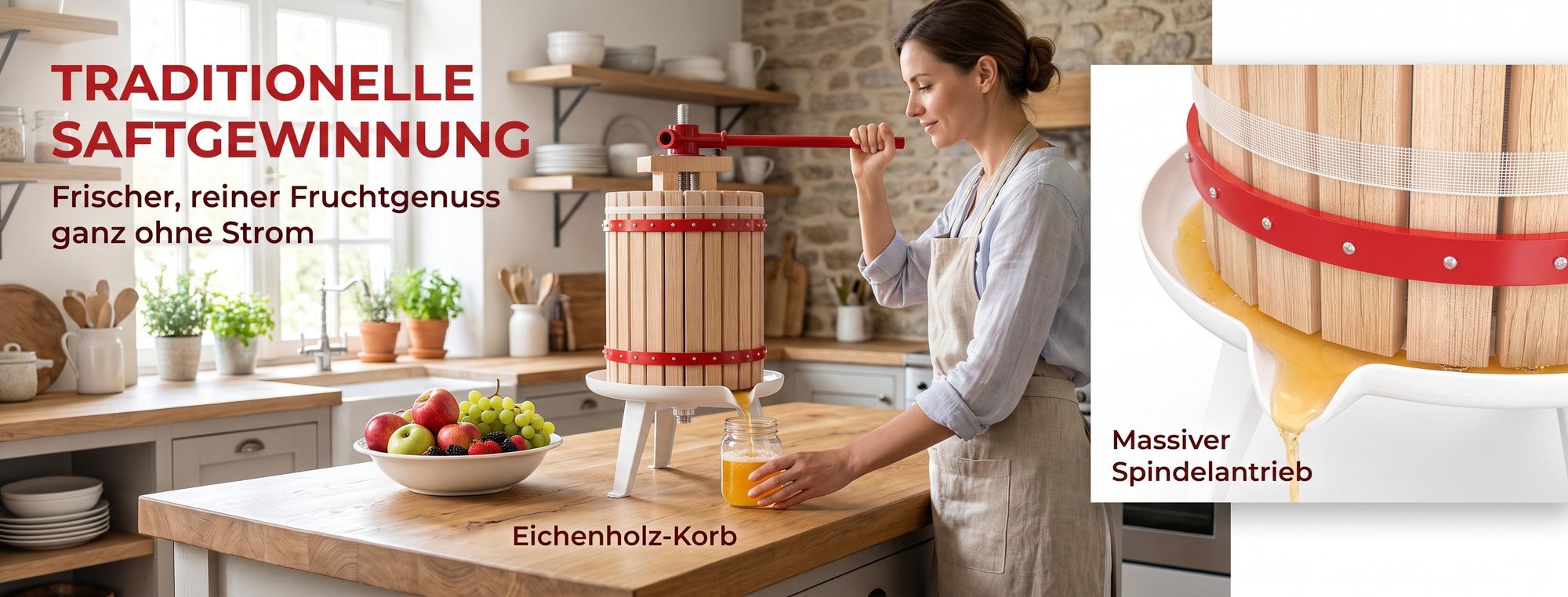 ROSEJANE Obstpresse 18 L, manuelle Saftpresse mit Eichenholz-Presskorb, Traubenpresse für Obst, Saft und Wein