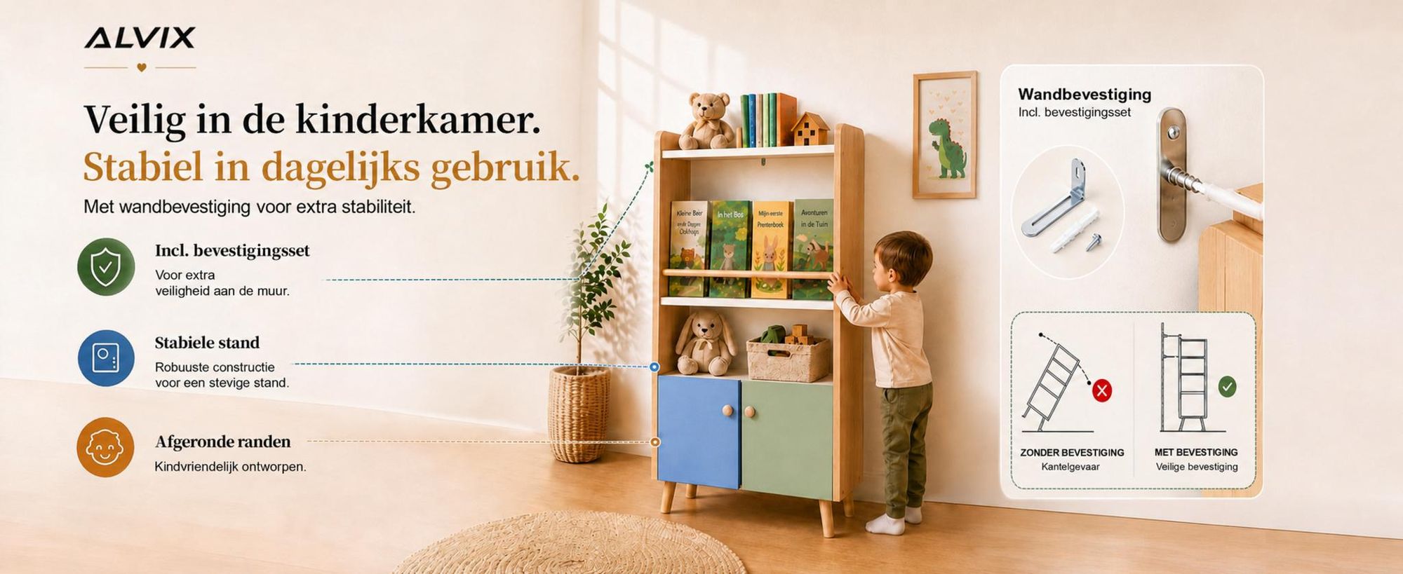 ALVIX Kinderrek NESTA 4 met 2 deuren, Montessori boekenkast voor kinderen met boekenplanken, speelgoedrek en opbergkast, voorzien van een omvalbeveiliging