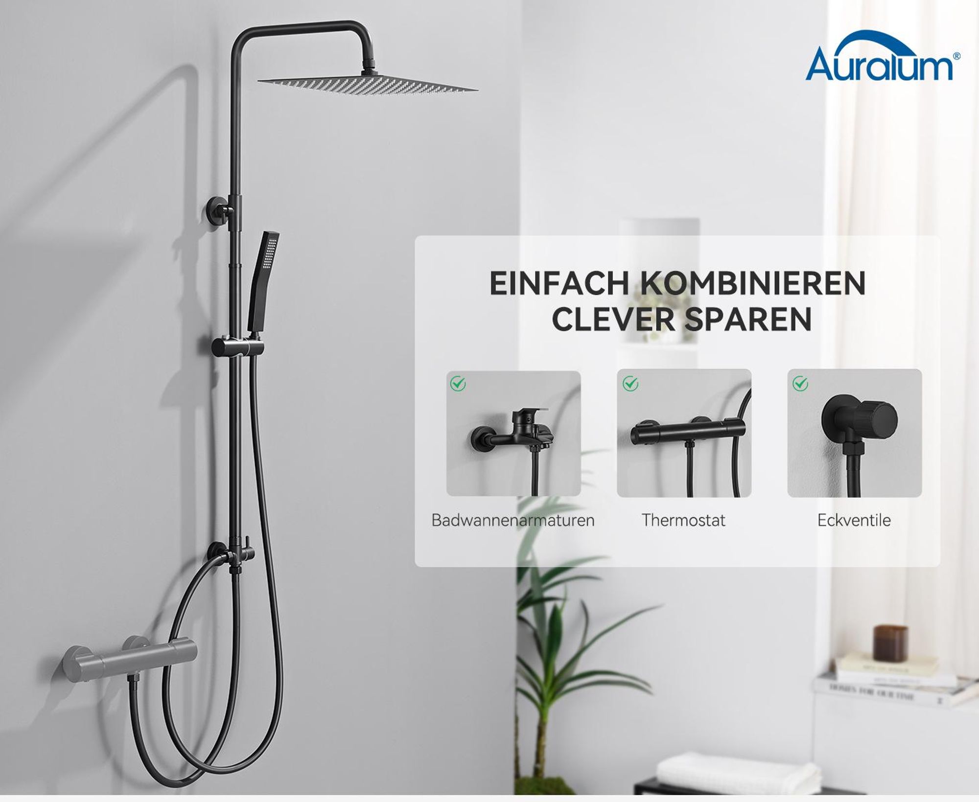 Auralum Regendusche Duschsystem Edelstahl 20x20 cm eckig, Duschset ohne Armatur, Regendusche schwarz, höhenverstellbare Duschstange, mit Wasserteiler