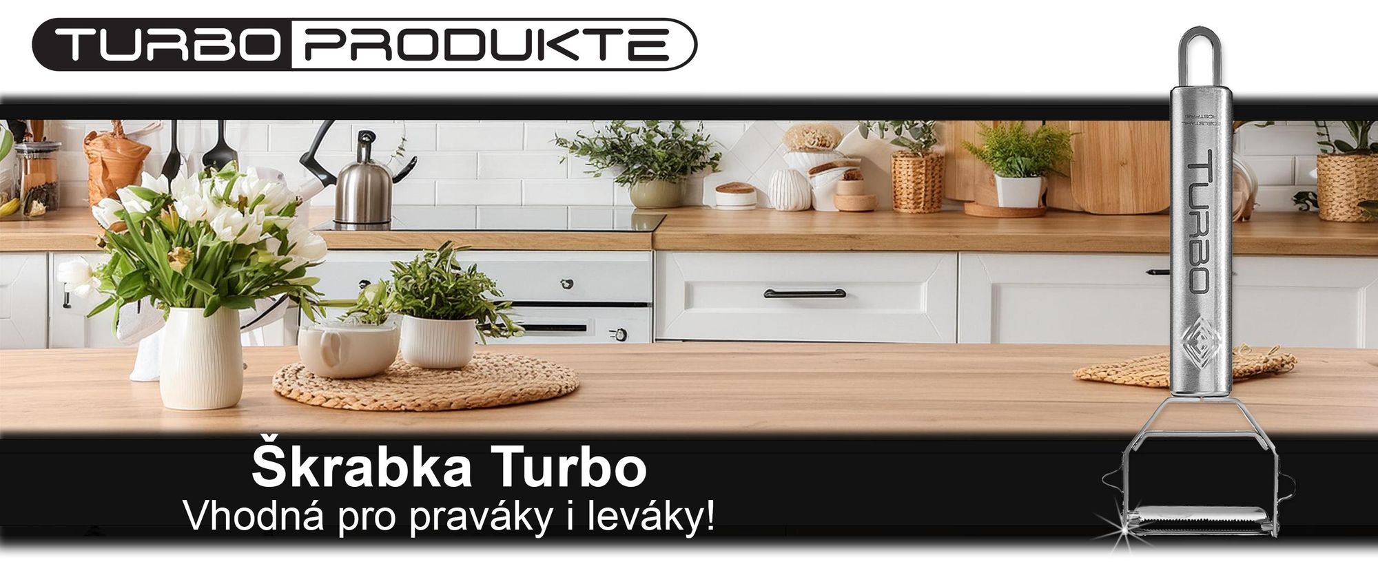 Škrabka Turbo z nerezové oceli od TURBO PRODUKTE v kuchyni – vhodná pro praváky i leváky