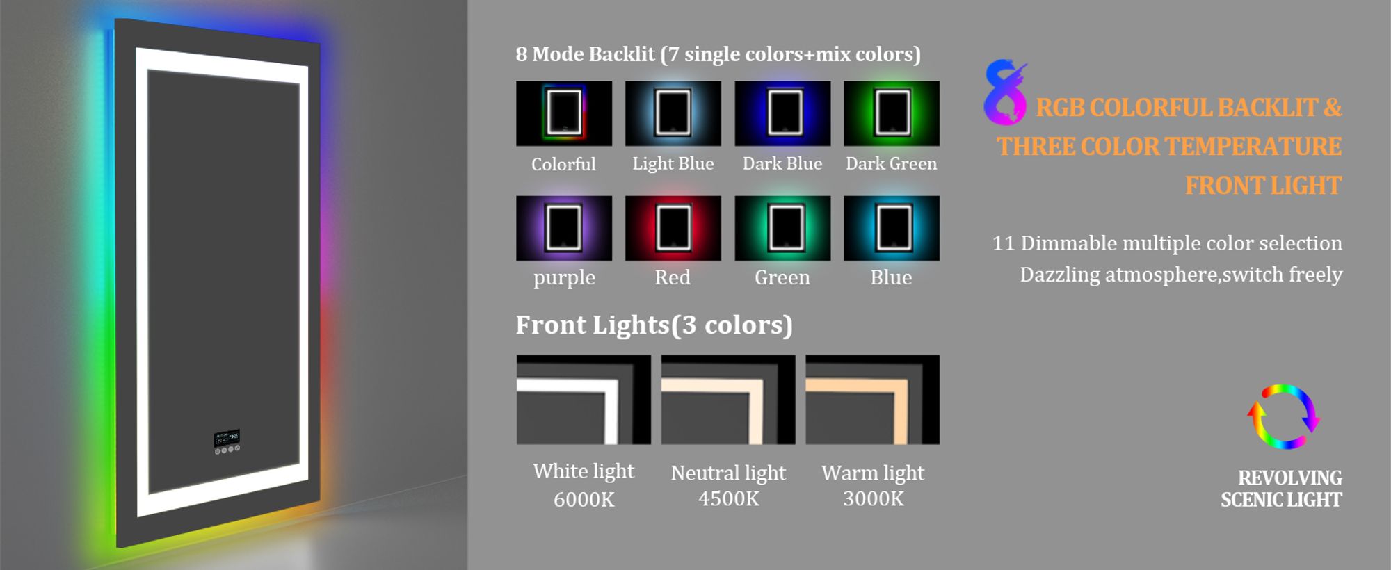 WISFOR LED Badspiegel mit Bluetooth Lautsprecher, 70×90cm RGB Wandspiegel Badezimmerspiegel mit Beleuchtung dimmbar Beschlagfrei Touchschalter