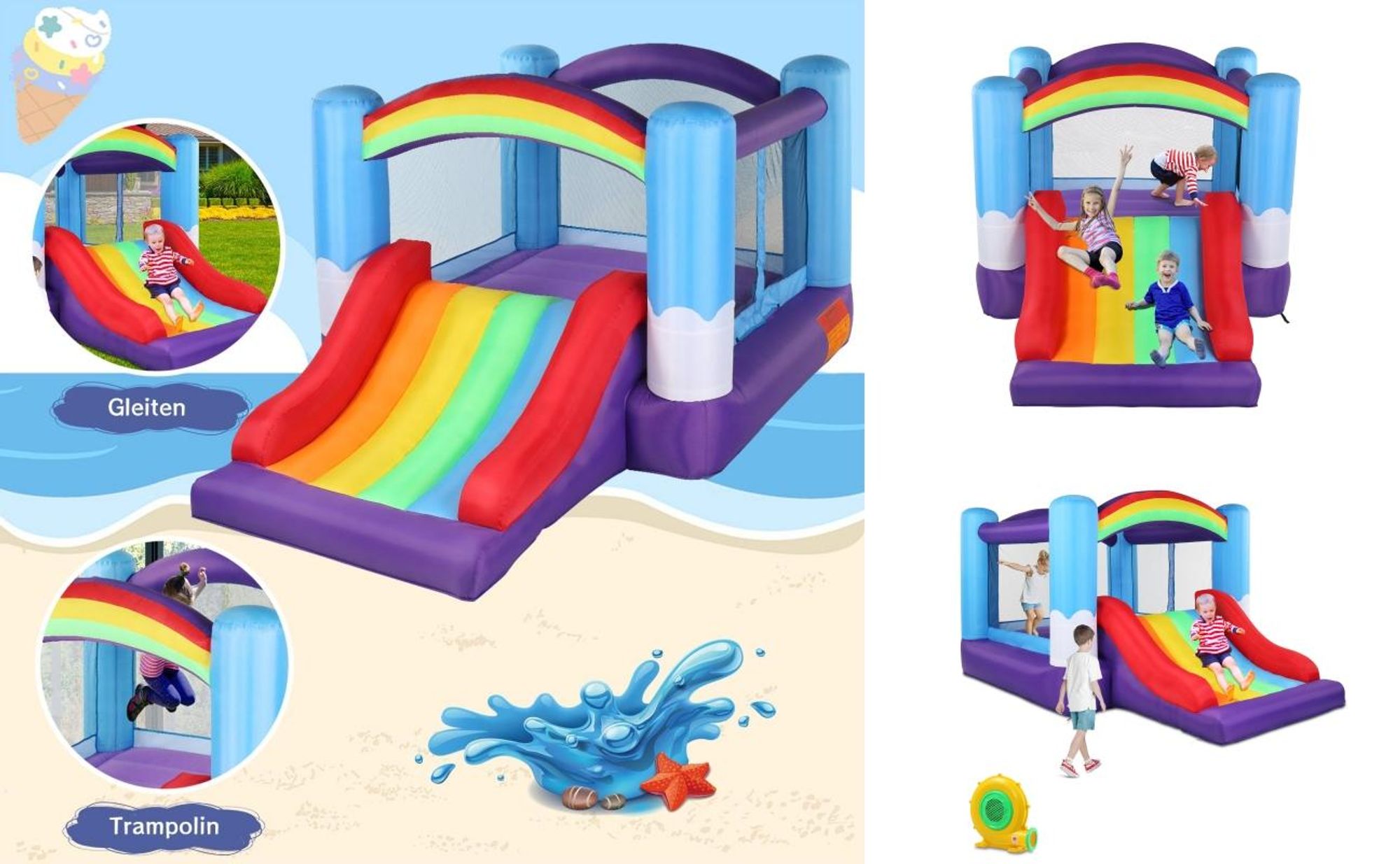 FCH Aufblasbare Hüpfburg , Hüpfschloss Spielburg mit Rutsche, Outdoor Bouncer inkl. Tragetasche und Bodenpfählen 360x240x189cm (mit Gebläse)