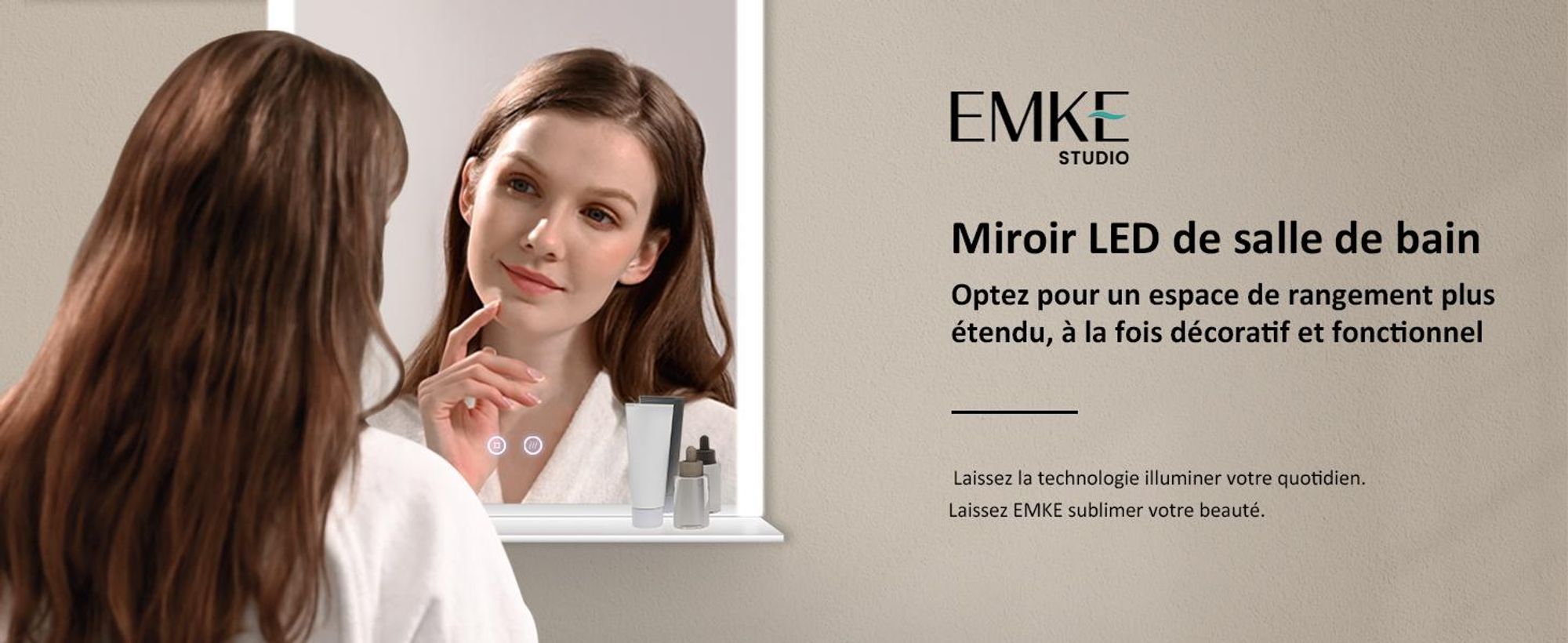 EMKE Miroir de salle de bain 80x60cm éclairage LED avec rangement Miroir de salle de bain horizontal interrupteur tactile 6500K antibuée miroir horizontal tactile blanc froid