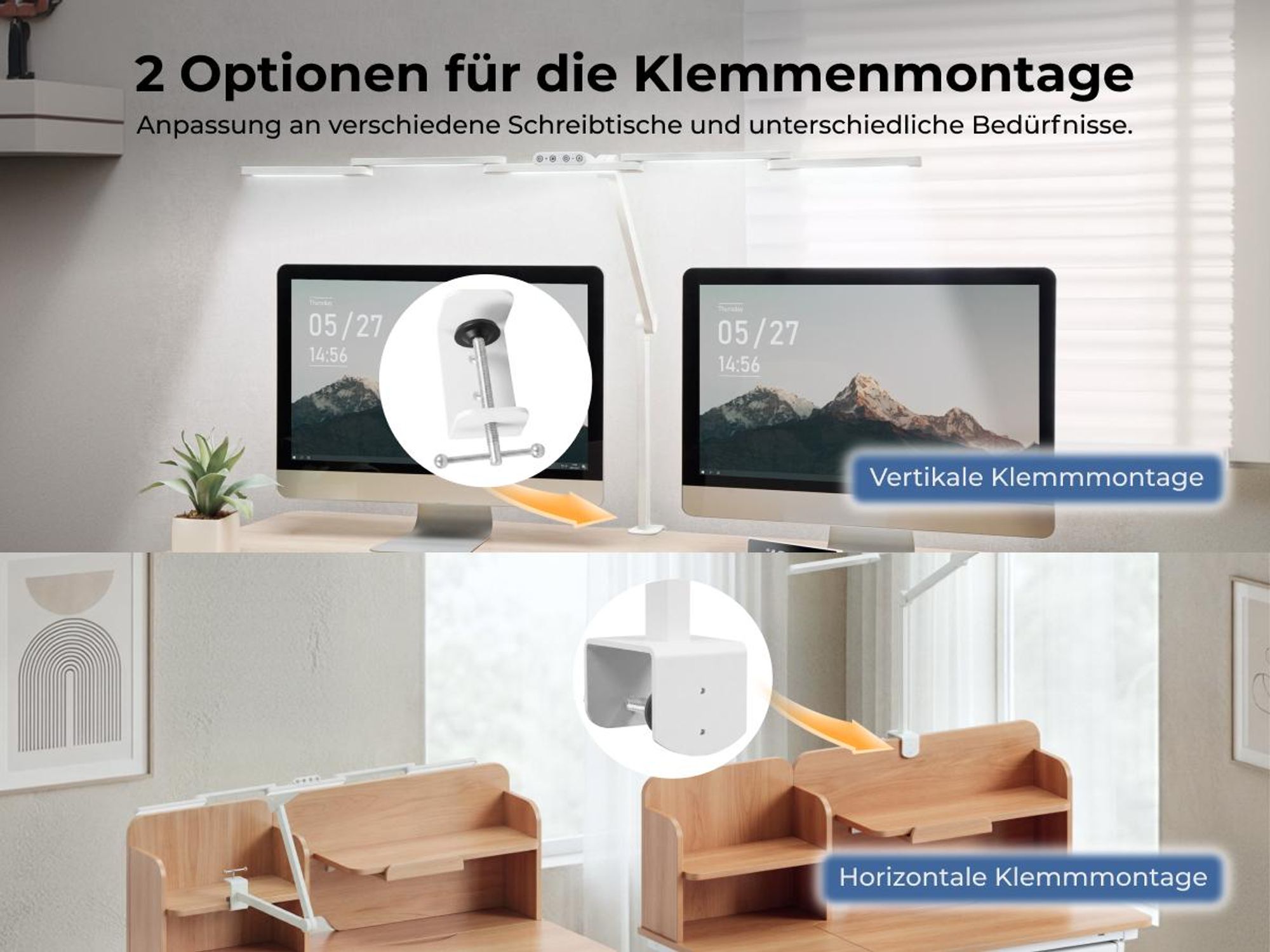 HOKO LUKAS dimmbare LED-Schreibtischlampe mit Lichtsensor für große Arbeitsflächen, Weiß