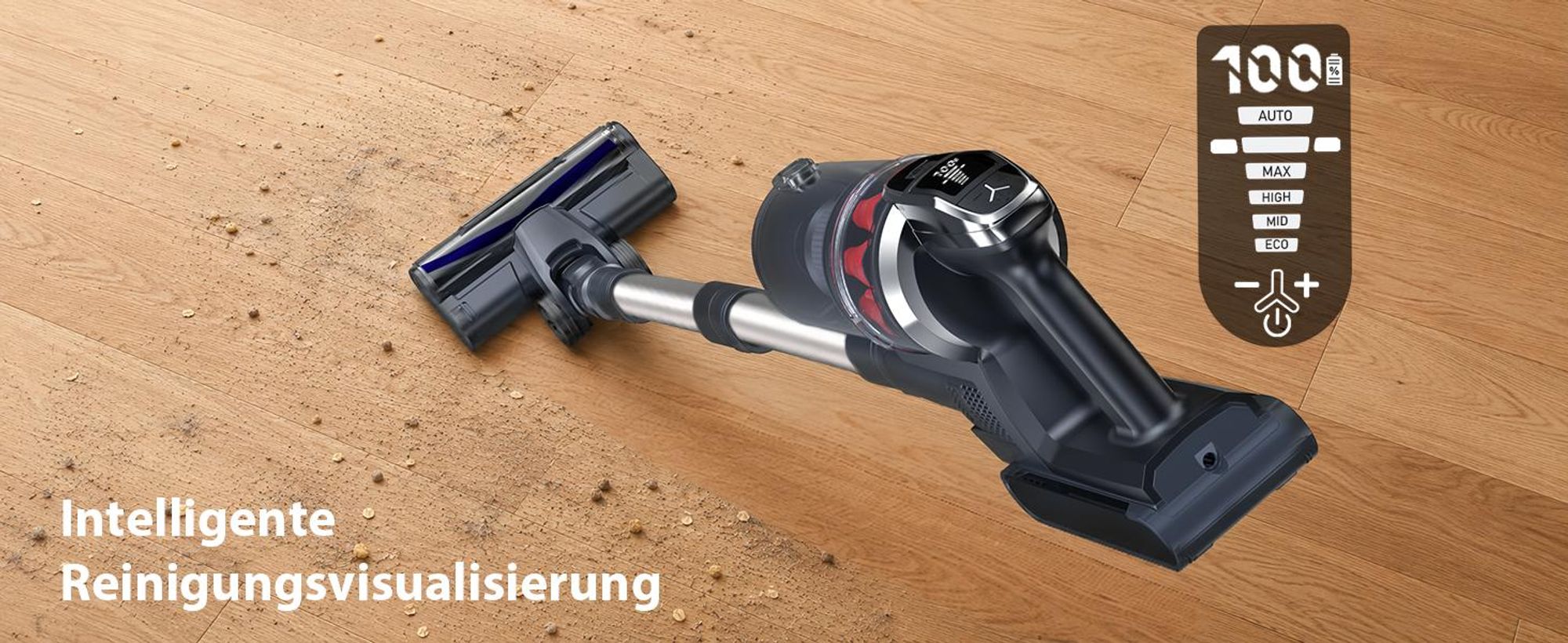 Akku Staubsauger Kabellos 85kPa/65Min, Akkustaubsauger beutellos mit AUTO-Modus, HEPA-Filter, LED-Bodenbürste für Tierhaare, Teppich & Hartboden