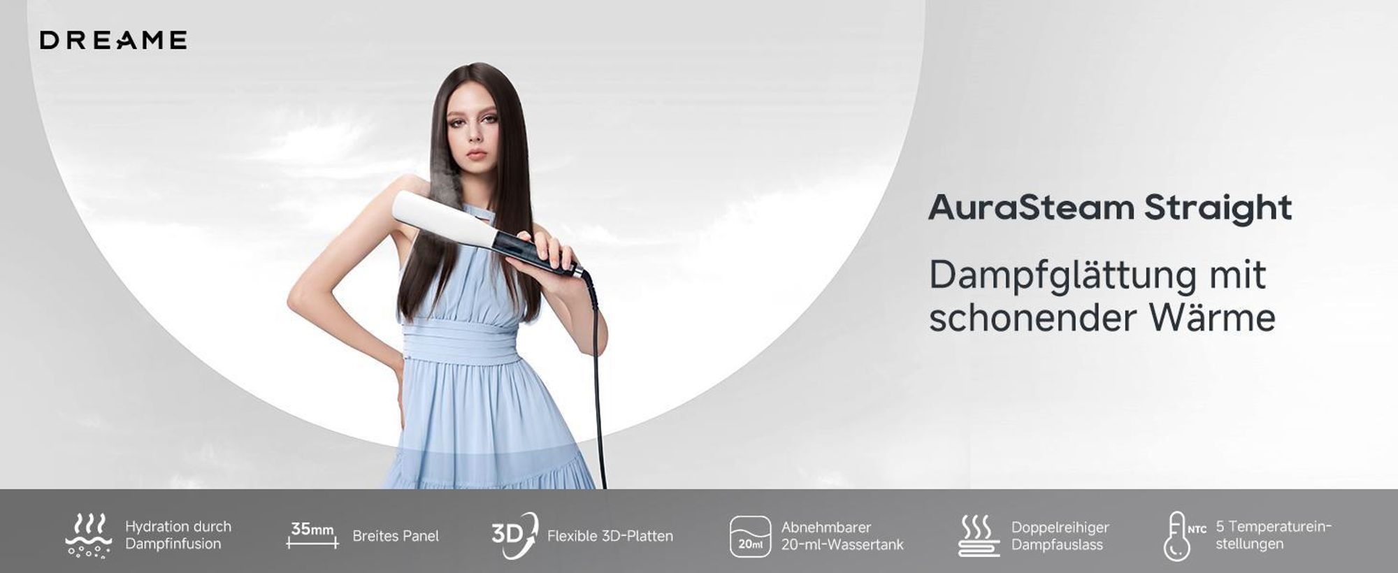 Dreame AuraSteam Frisur Haarglätter,glatte&lockige,Heizplatte,flexible 3D-Platte,zweireihige Dampffunktion,abnehmbarer Wassertank,5 Temperaturstufen
