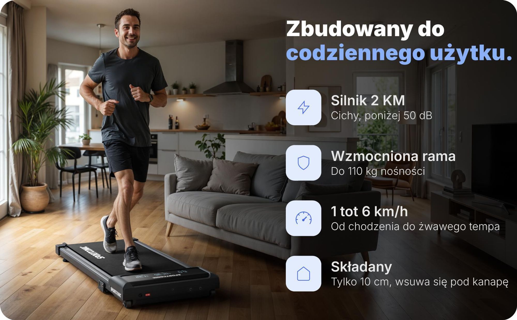 Sportconic Walking Pad bieżnia domowa & do biura – cicha, z nachyleniem 6 %, oszczędna, wyświetlacz LED