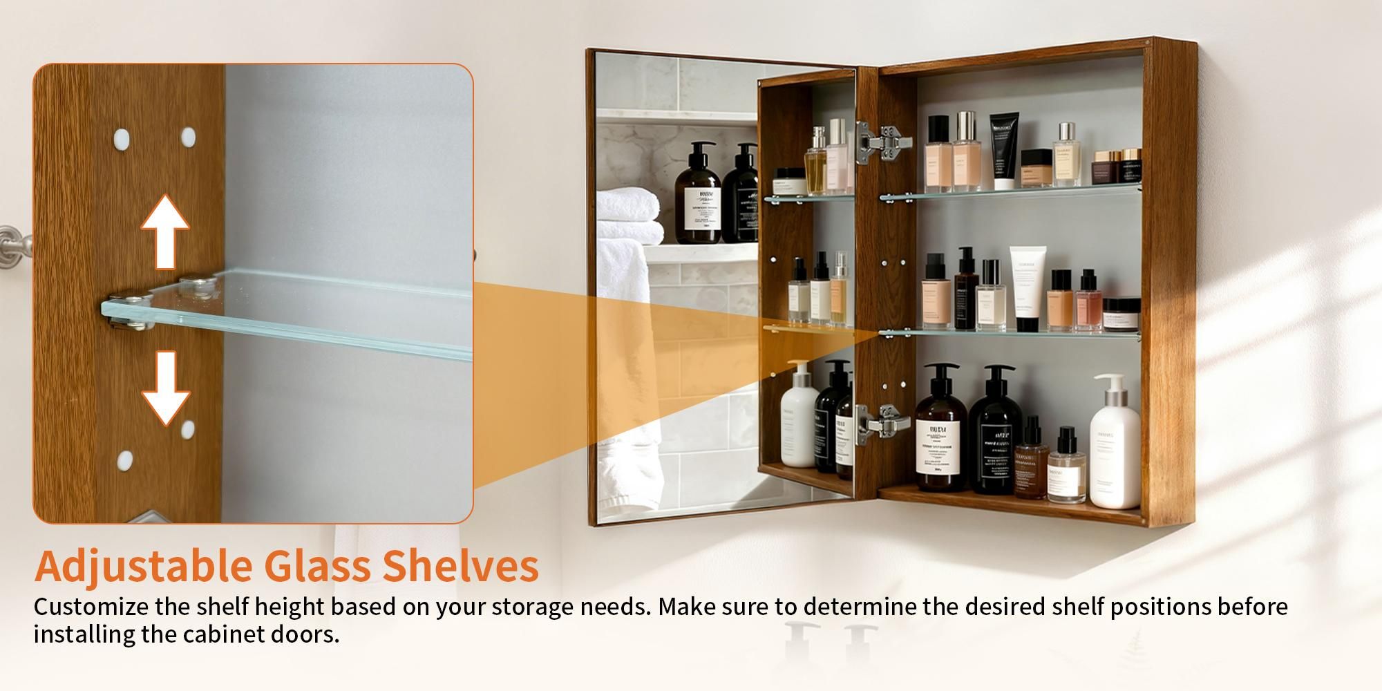 WISFOR Spiegelschrank Bad 40,5 x 51 cm, kleiner Badezimmerschrank mit Spiegel, LED-Innenlicht, Soft-Close-Scharniere, verstellbare Ablagen