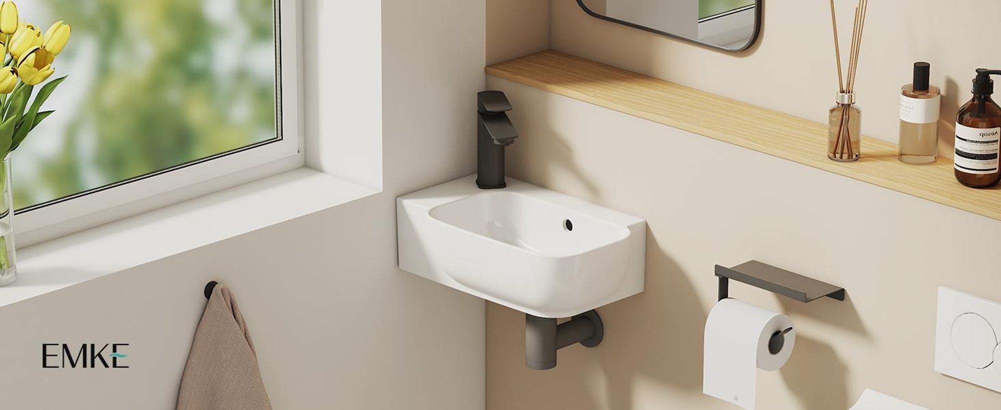 EMKE Wandwaschbecken Keramik Rechteckig 400x250mm Weiß Glänzend Abgerundetes Hänge Waschbecken mit Armaturloch & Überlauf für Gäste-WC & kleines Bad
