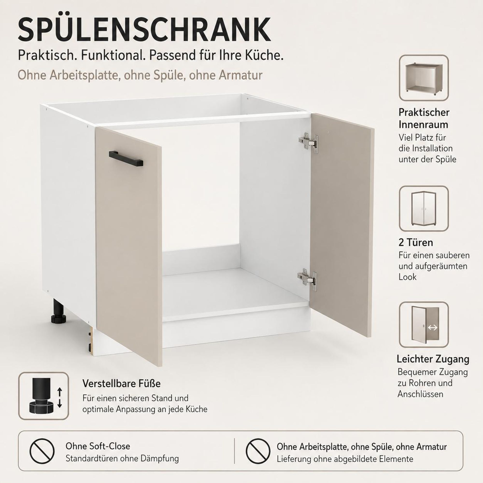 Spülenschrank 60 cm Kaschmir Beige: Offener Innenraum, 2 Türen & verstellbare Füße.