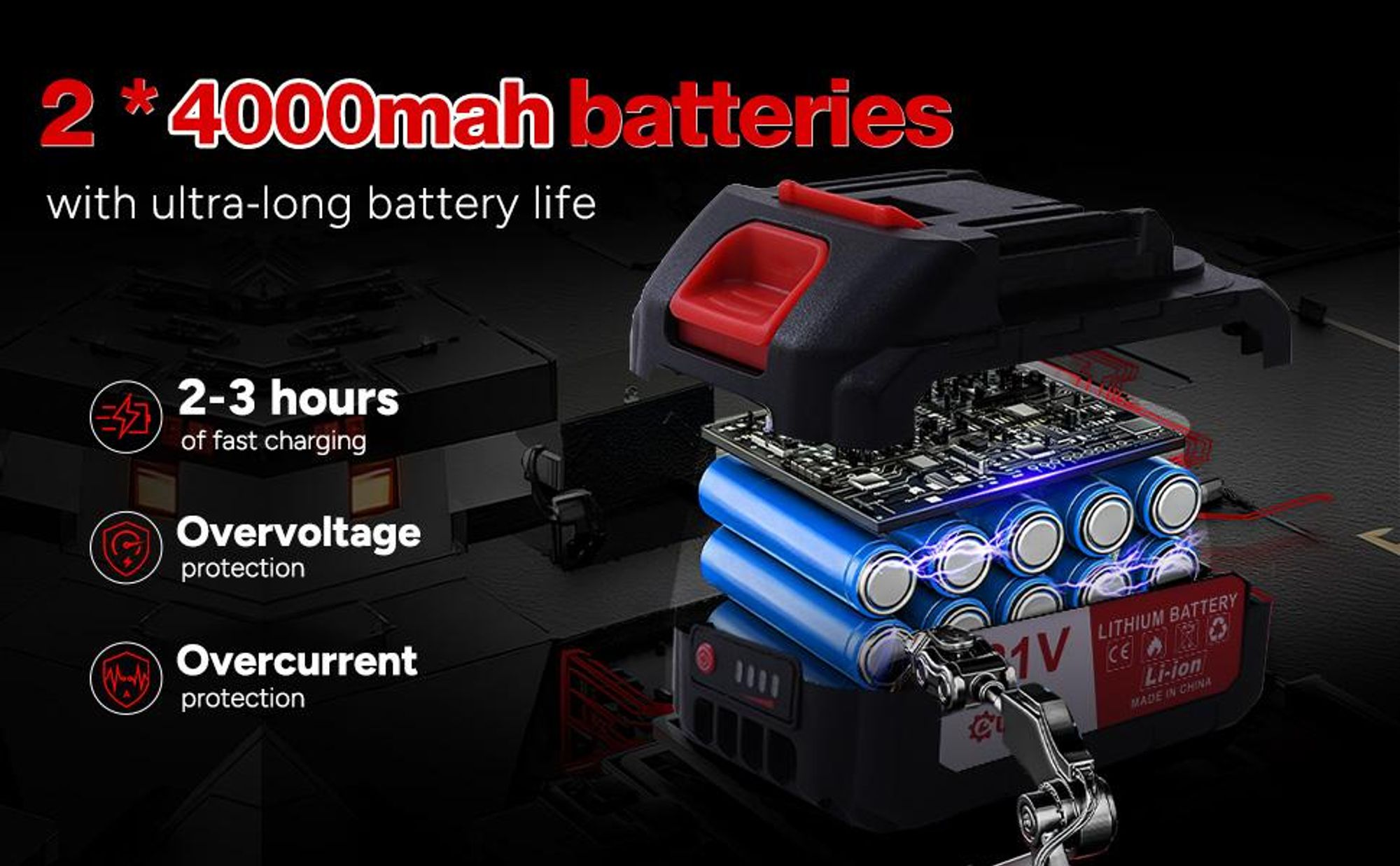 8-calowa piła łańcuchowa zasilana akumulatorowo, OUTIGO 1000 W, piła łańcuchowa bezprzewodowa, 2 akumulatory 21 V 3000 mAh, wydajne narzędzie ogrodnic