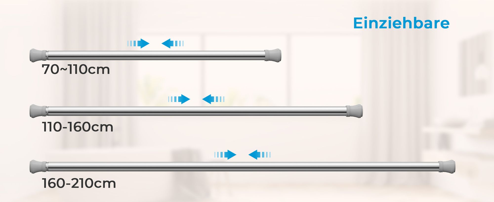 Heilmetz Duschstange Duschvorhangstange Teleskopstange 110-160cm, mit 12 Duschvorhangringe, Chrome Edelstahl Duschvorhang Duschstange
