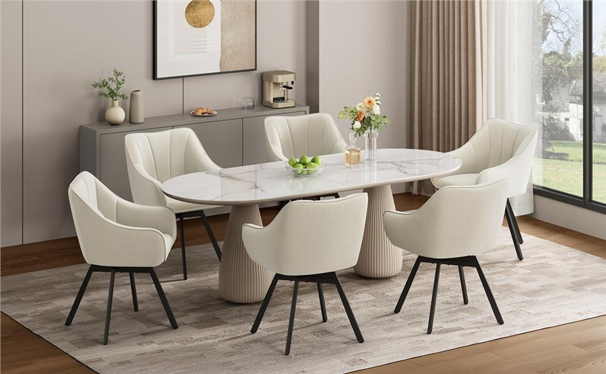 Yaheetech Esszimmerstuhl mit Armlehnen & Rückenlehne, 360° drehbarer Küchenstuhl, samtiger Sessel aus Metallgestell, Beige
