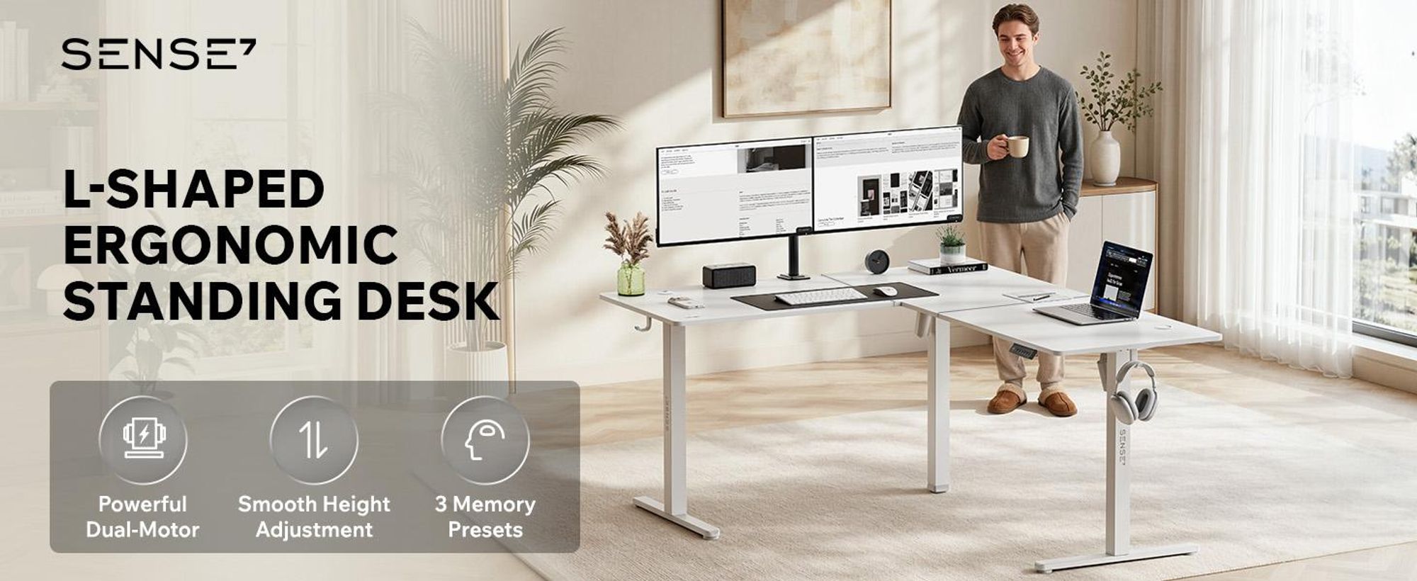 SENSE7 NOJO, rohový písací stôl, model Light Corner, elektricky nastaviteľná výška, rozmer 160x140, tvar "L", stojací písací stôl, dvojitý motor, nastaviteľná výška s pamäťou, biela farba, počítačový stôl
